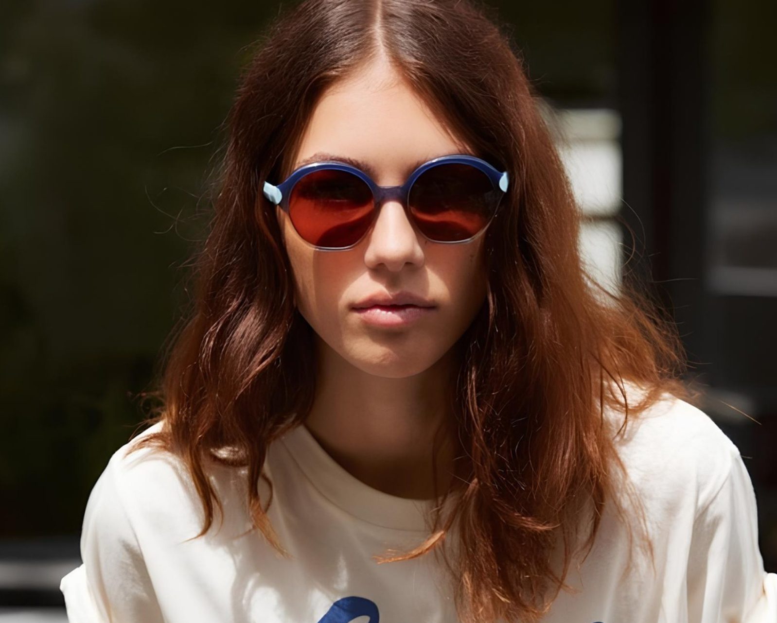 A young woman with wavy brown hair wears Vu round sunglasses with blue frames and red lenses, paired with a light-colored T-shirt, looking directly at the camera. Discover le plus grand inventaire de montures à Montréal.