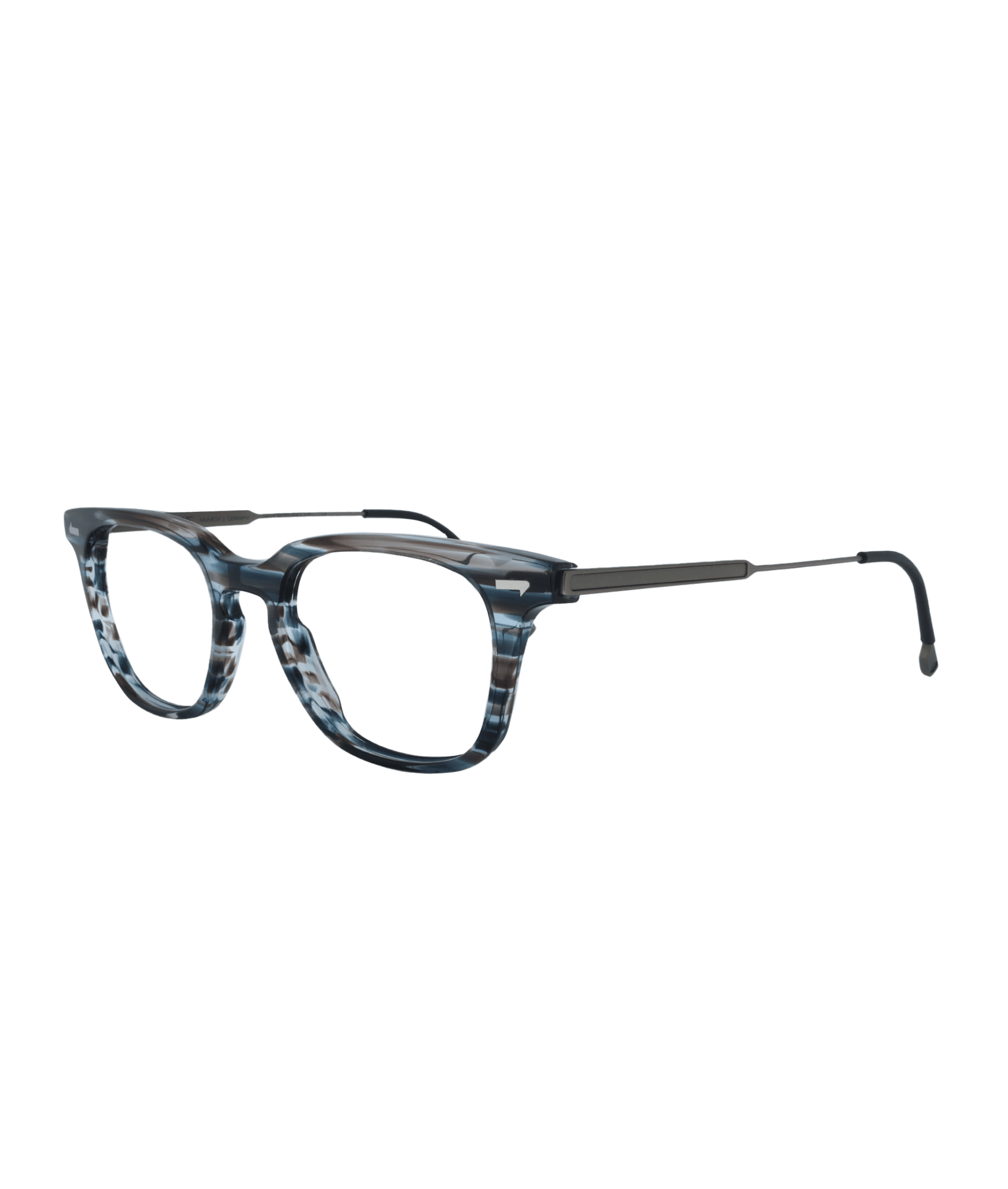 Glasses with a modern design combining acetate and titanium, featuring a transparent bluish-gray frame with an elegant, contemporary finish. Lightweight and comfortable, they provide an enjoyable daily wear while adding a refined and distinctive touch to your look.