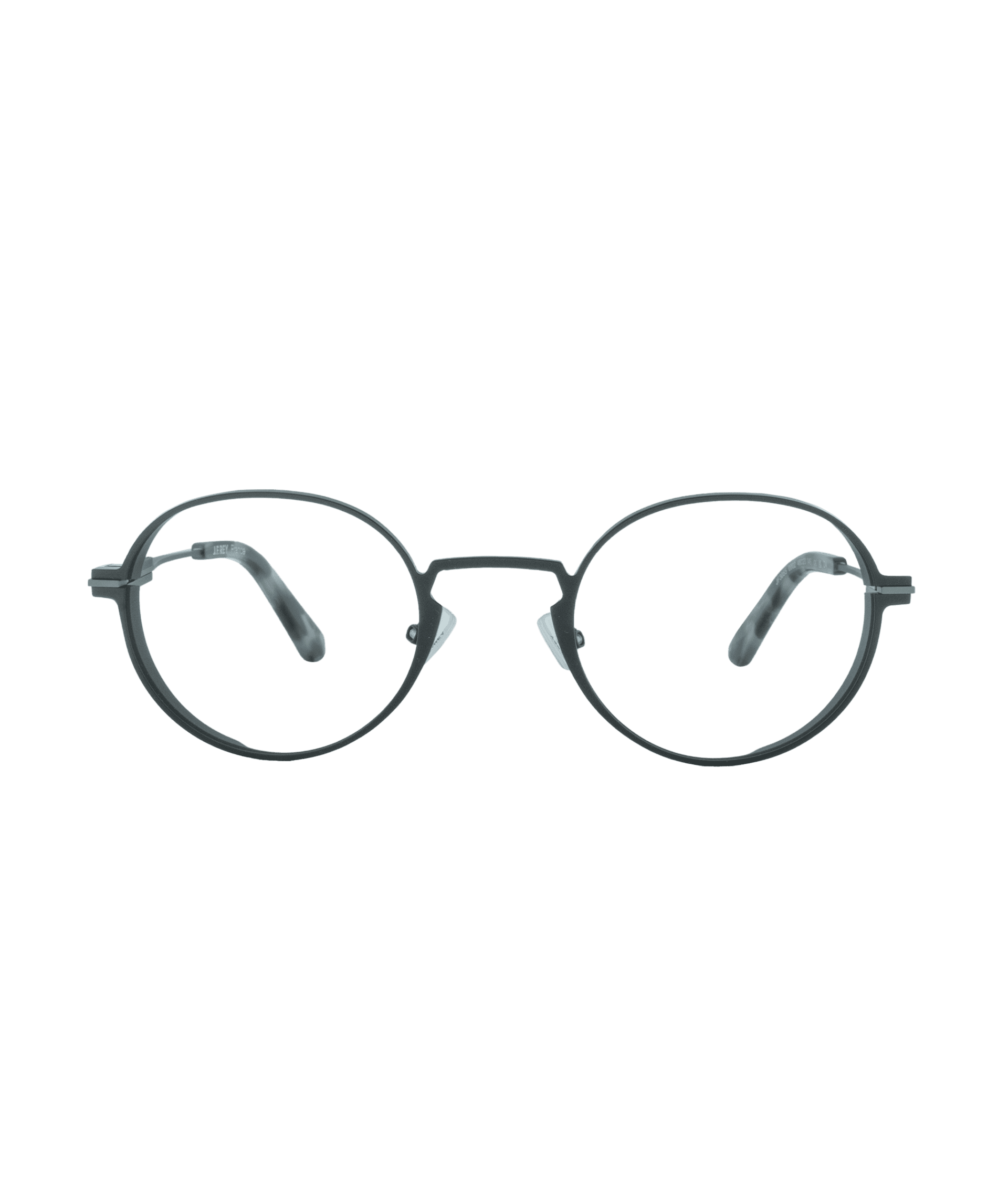 A pair of round, black eyeglasses with thin metal frames and clear nose pads, displayed against a plain white background.