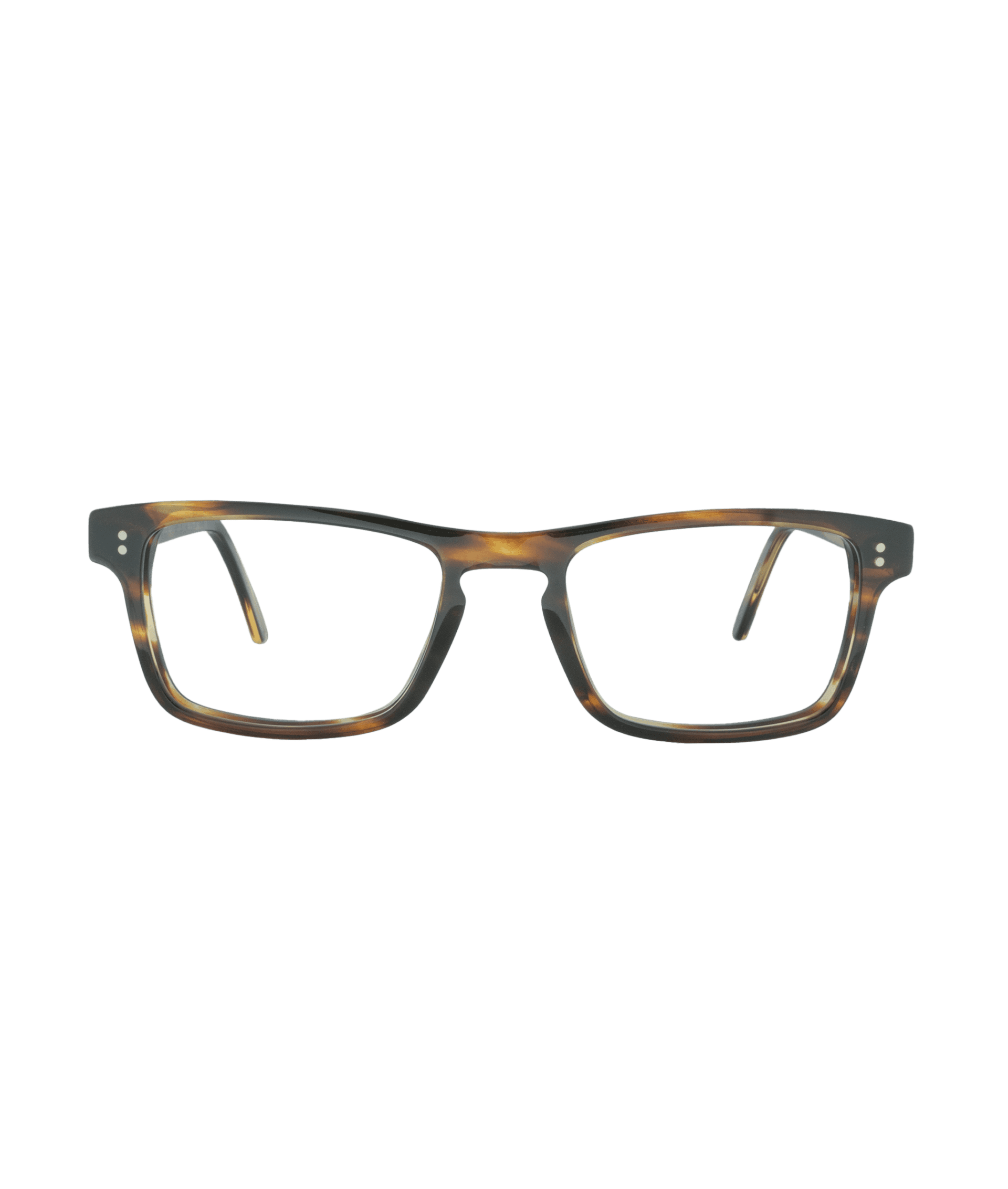 A pair of rectangular eyeglasses with a tortoiseshell frame, viewed from the front against a plain white background.