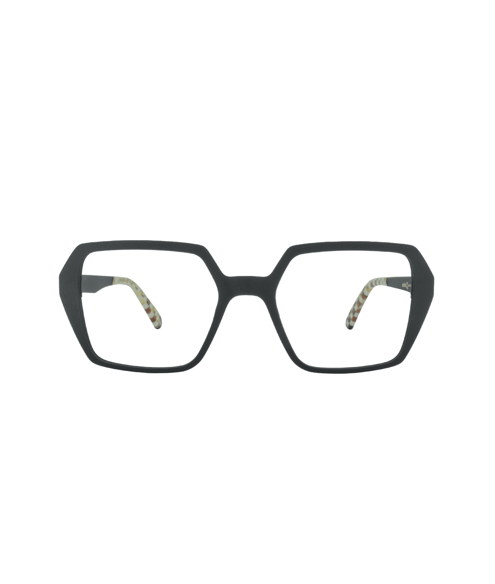 Black geometric eyeglass frames with angular edges and slightly rounded corners, shown from the front. The temples have a patterned design on the inner side. The background is plain white.