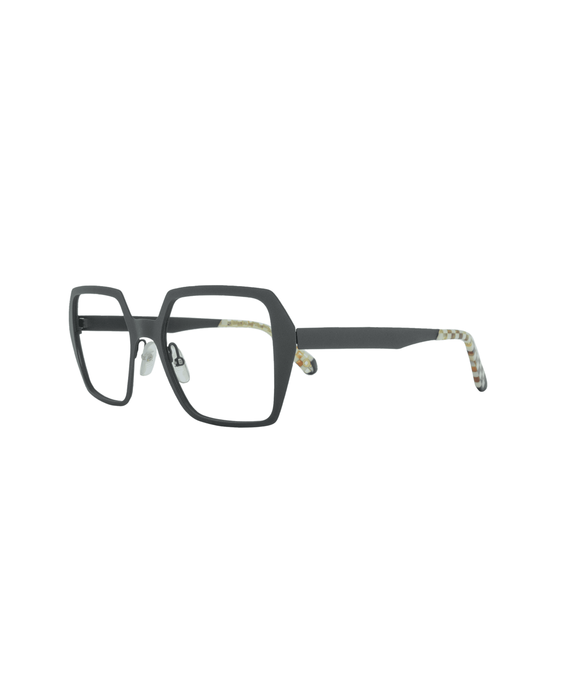 Oversized square frame with a thicker contour for a bold, confident look. Its matte finish enhances the modern character, while the tips adorned with a checkerboard pattern add a distinctive graphic signature.