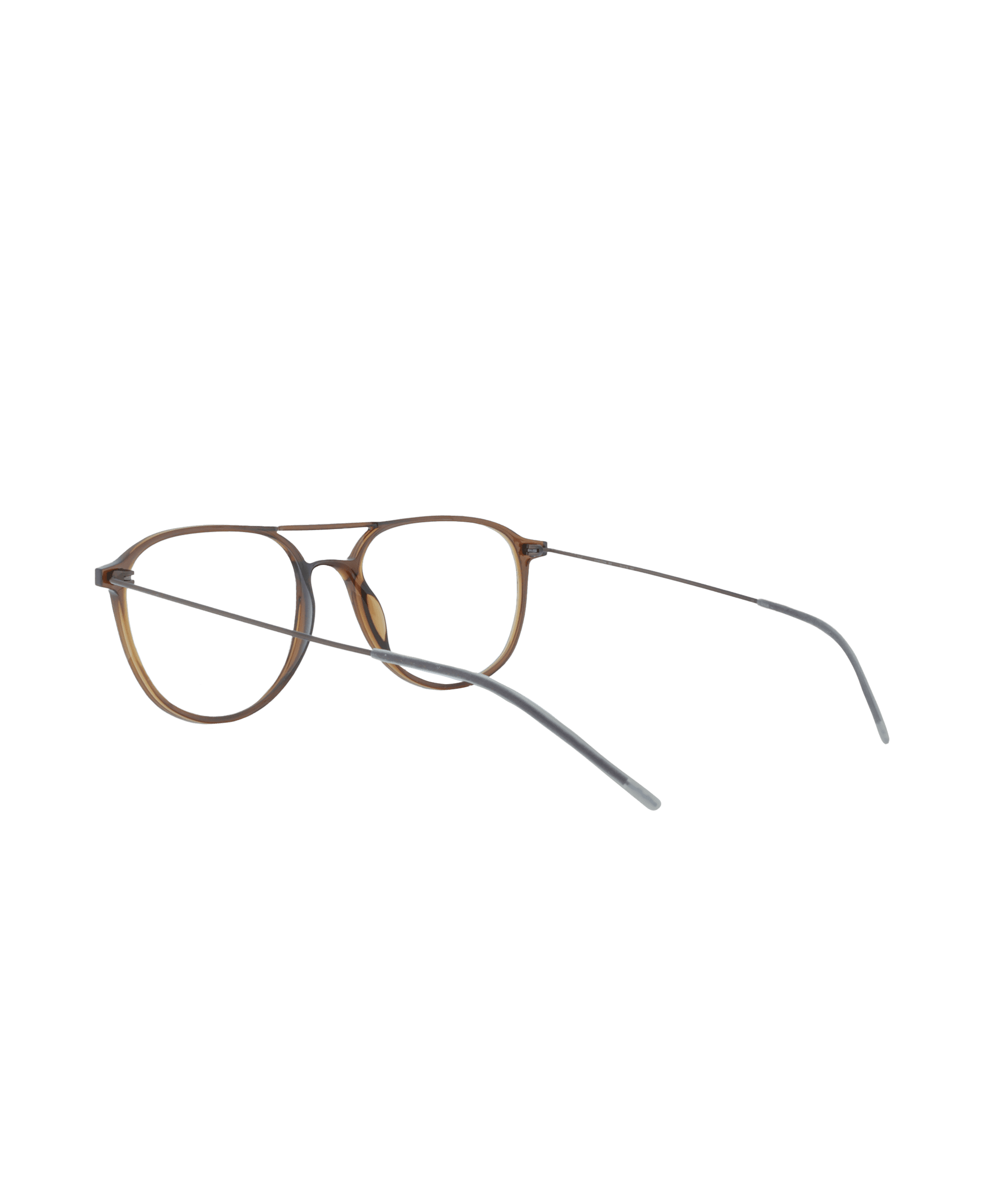 A pair of brown round eyeglasses with thin, straight silver arms, displayed on a plain white background.