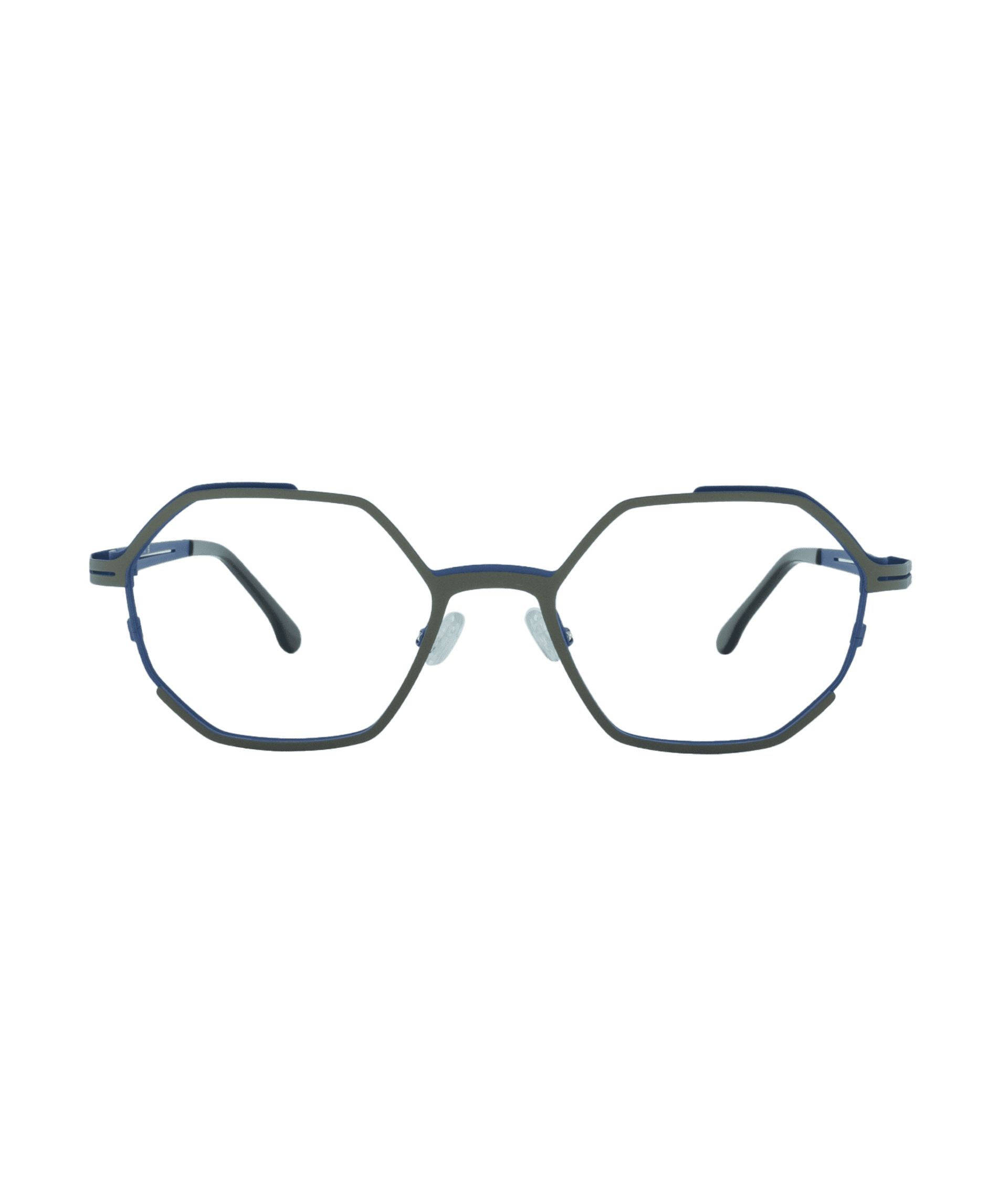 A pair of eyeglasses with geometric, hexagonal frames in a dark color and thin metal arms, photographed on a plain white background.