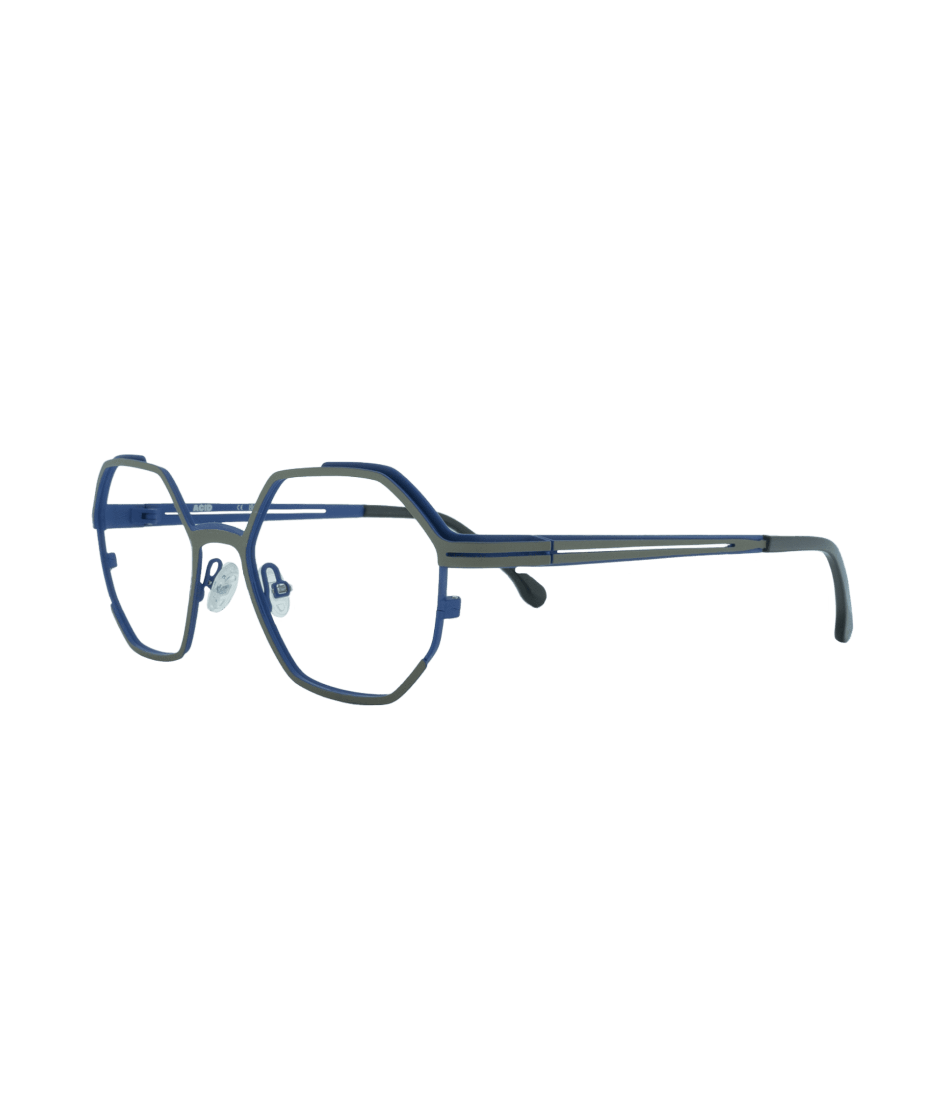 A geometric-shaped frame with a sporty, dynamic look. Its two-layer structure combines a matte black exterior with a blue inner layer, creating a modern, technical contrast. A bold design that blends style and performance.