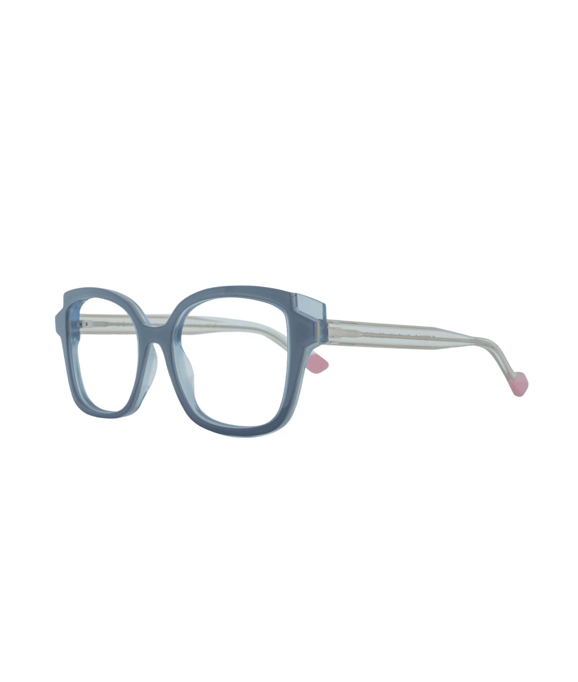 Dare to embrace softness with character. This cat-eye frame stands out with its delicate pastel colors, blending two shades of blue with transparent temples for a light and luminous effect. An elegant, subtle, and unmistakably feminine model.