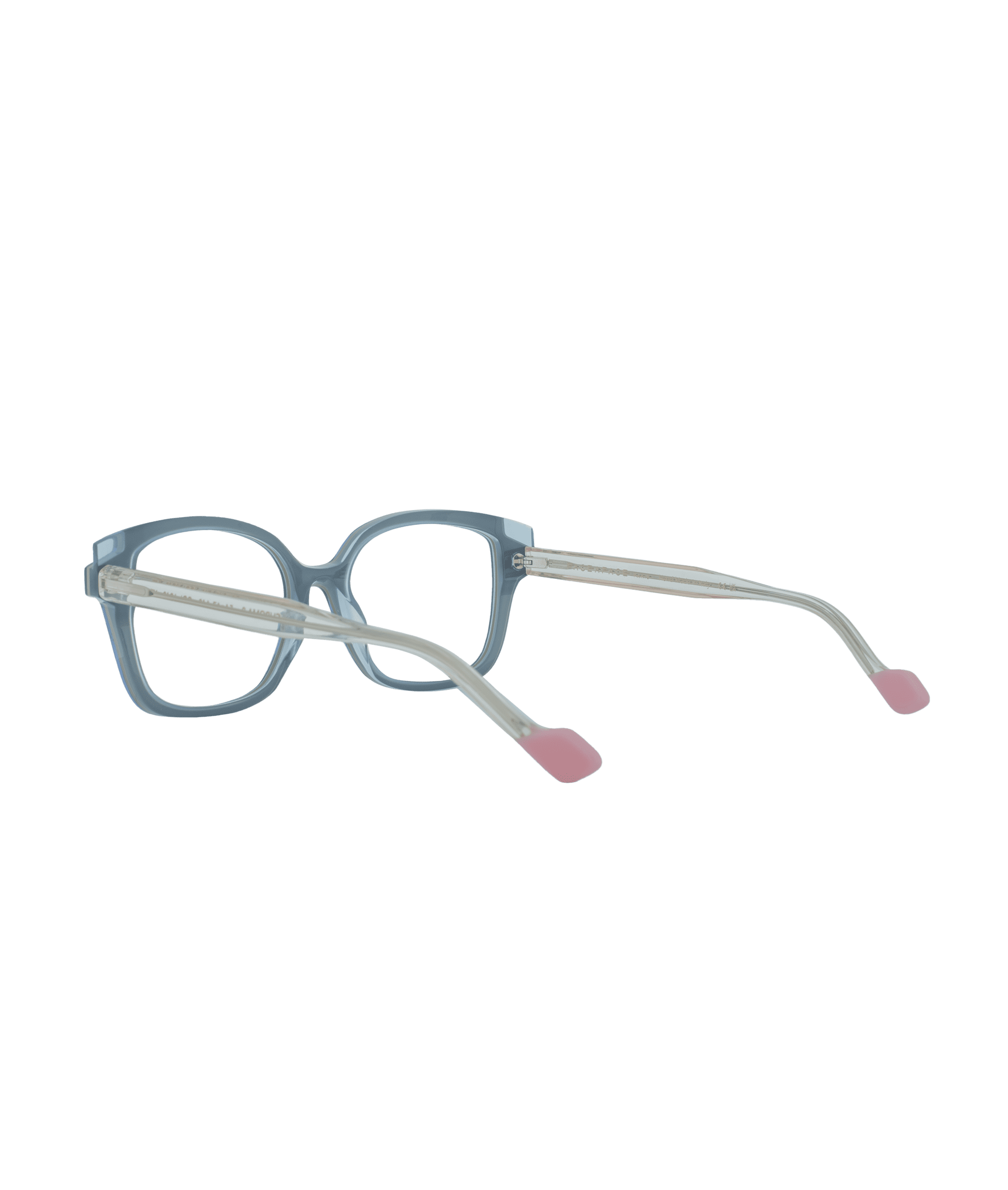 A pair of blue square-framed eyeglasses with translucent arms and pink tips, displayed on a white background.