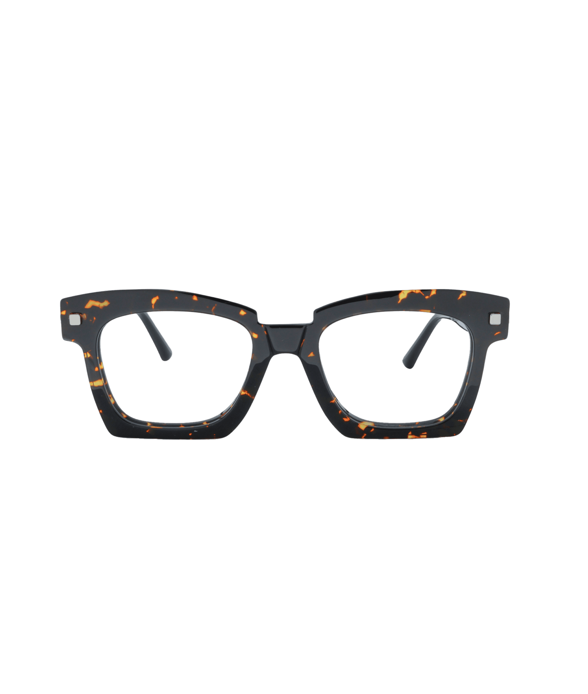Tortoiseshell rectangular eyeglasses with thick, dark brown and amber marbled frames, featuring slight cat-eye corners and silver stud accents on the upper outer edges.