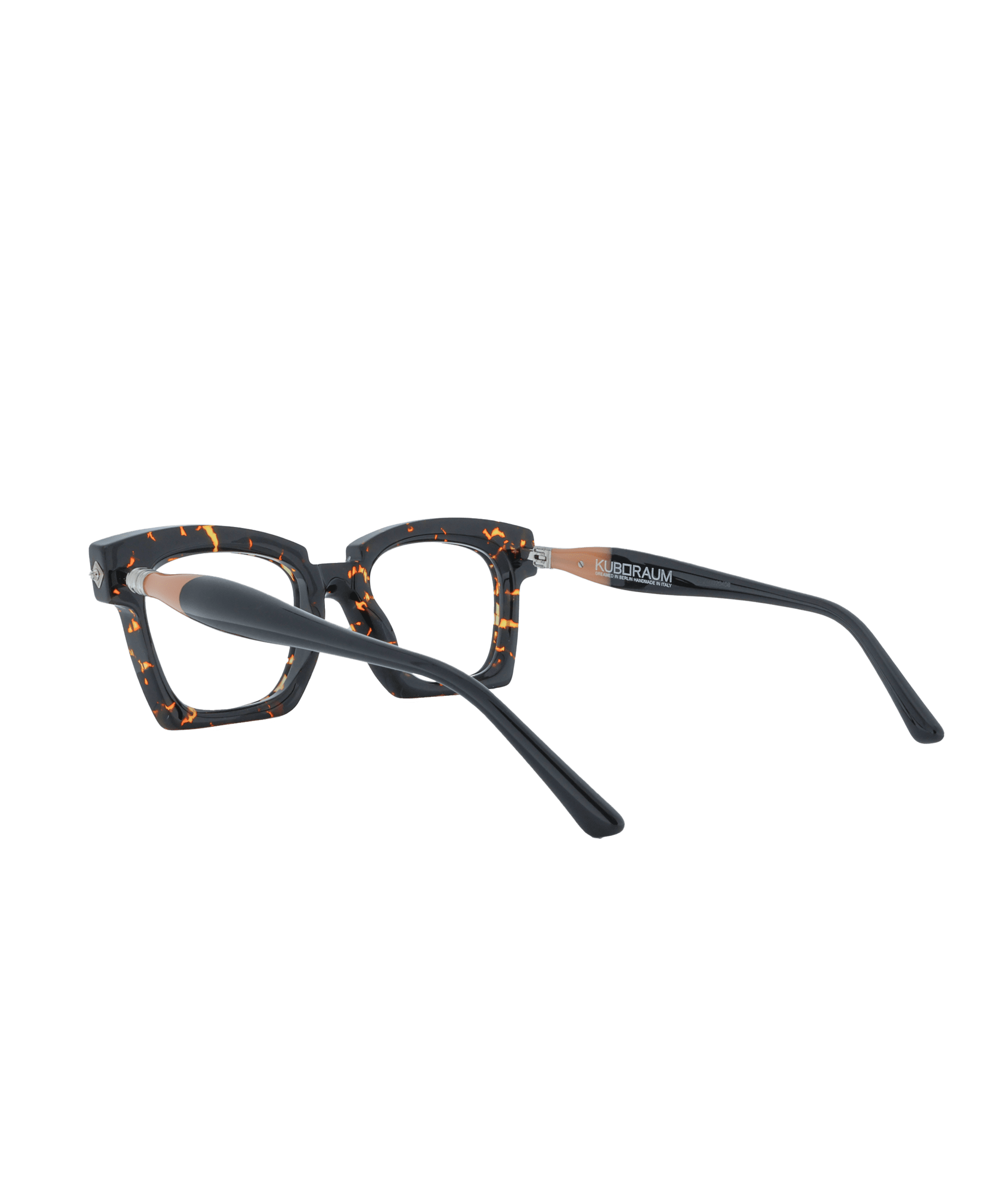 Brown tortoiseshell square eyeglasses with thick frames, viewed from the back at an angle, showing the arms extended outward against a plain white background.