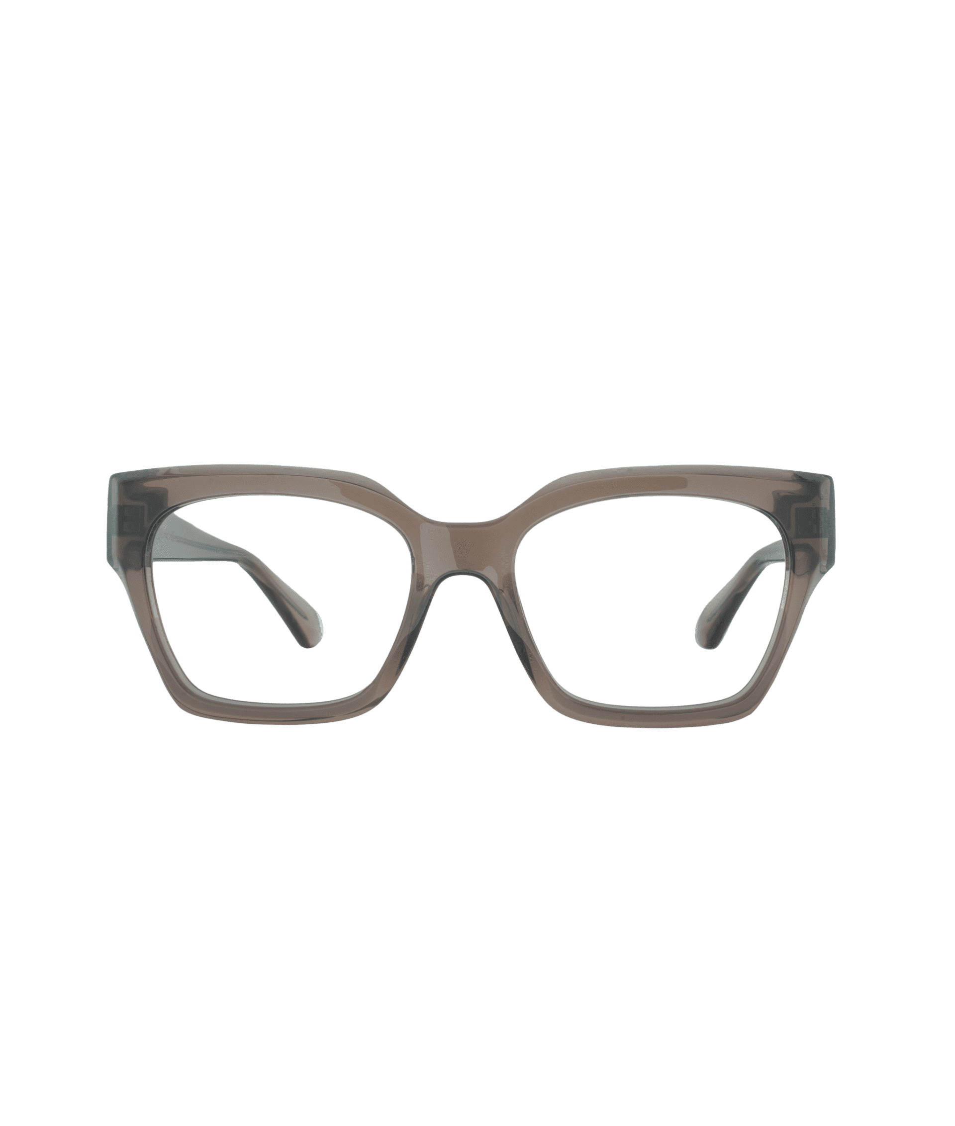Brown, rectangular eyeglass frames with thick rims, shown facing forward on a white background.