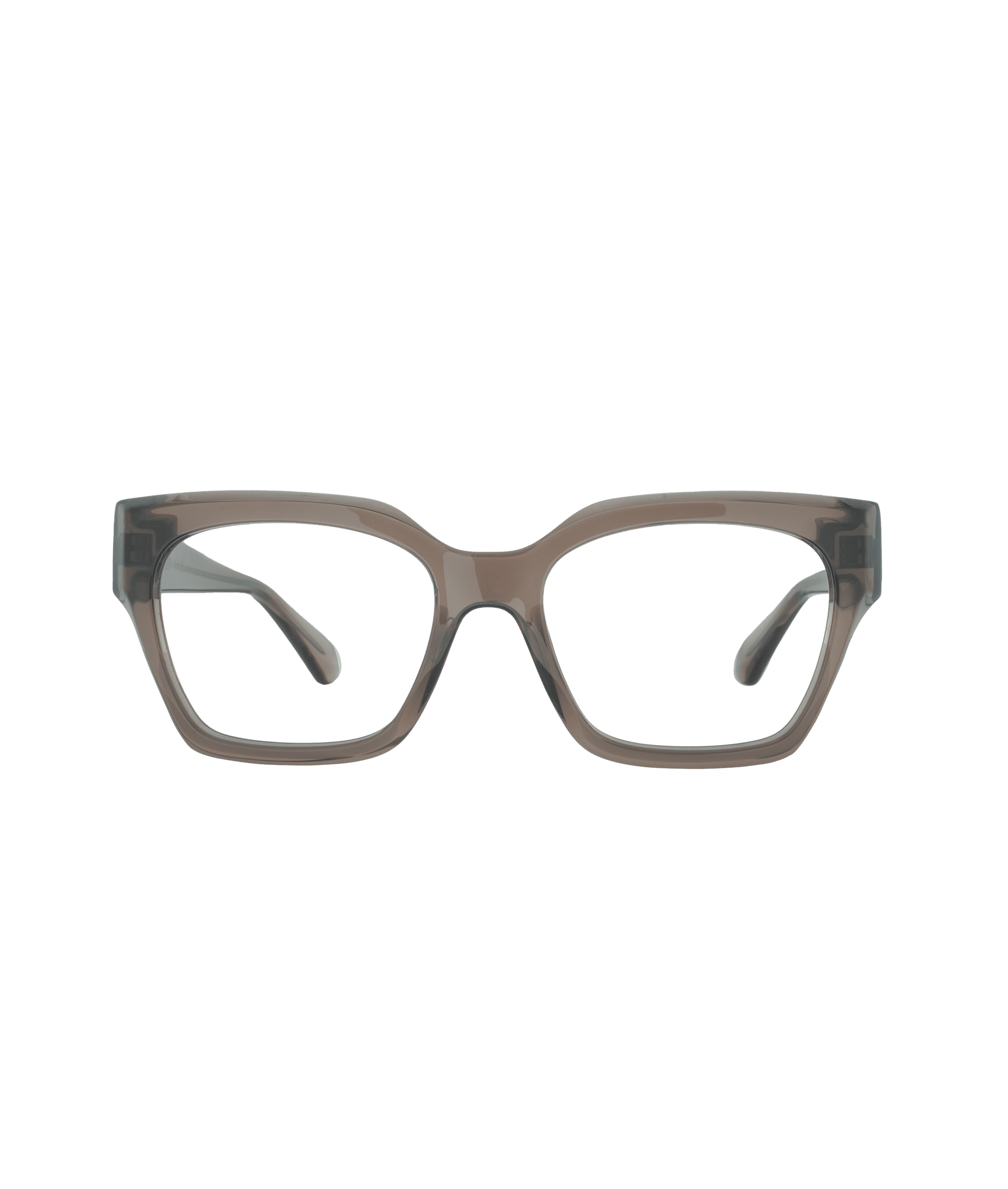 Brown, rectangular eyeglass frames with thick rims, shown facing forward on a white background.