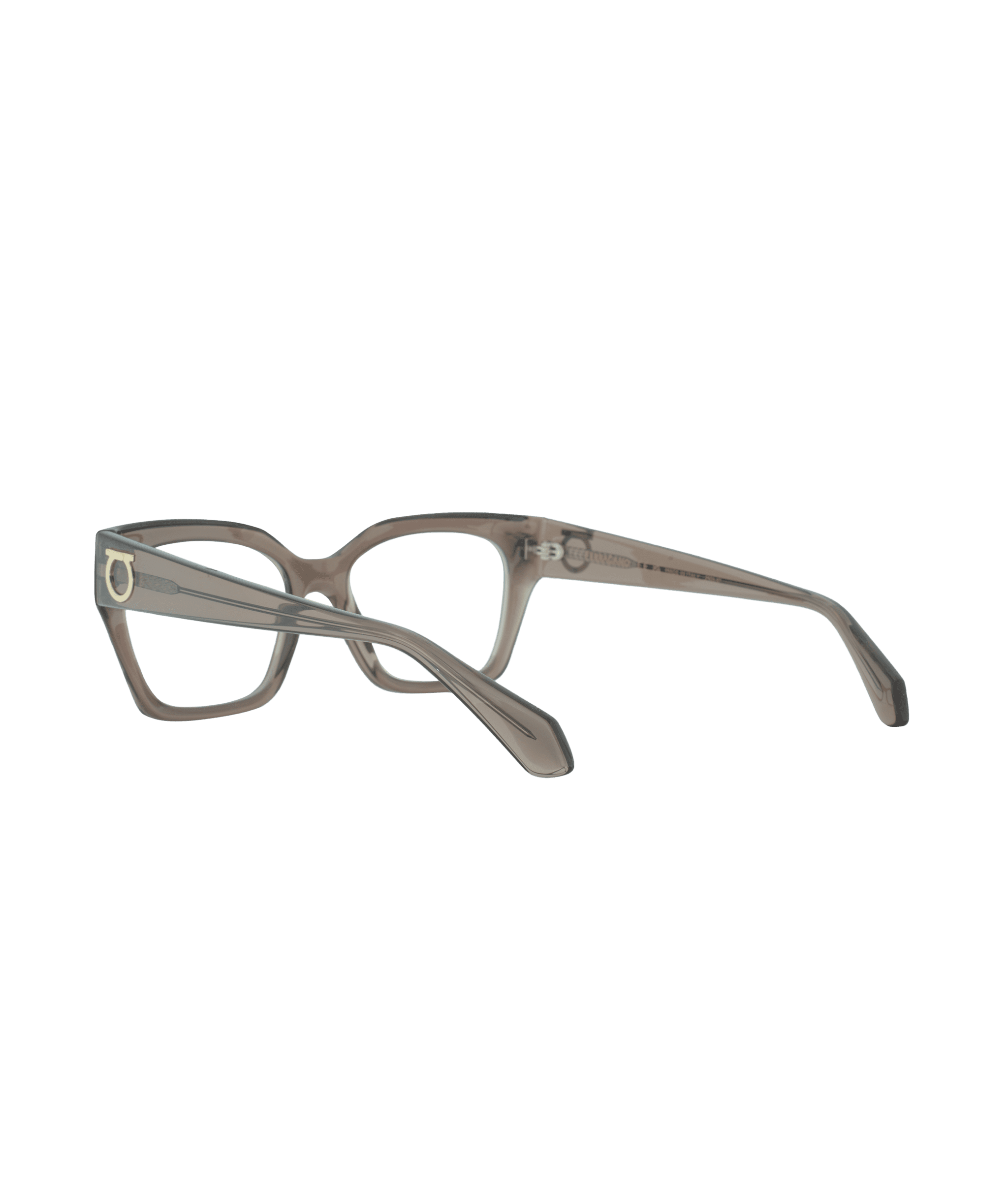A pair of translucent brown eyeglasses with thick rectangular frames and wide arms, shown on a white background. The glasses are angled to display the side and front.