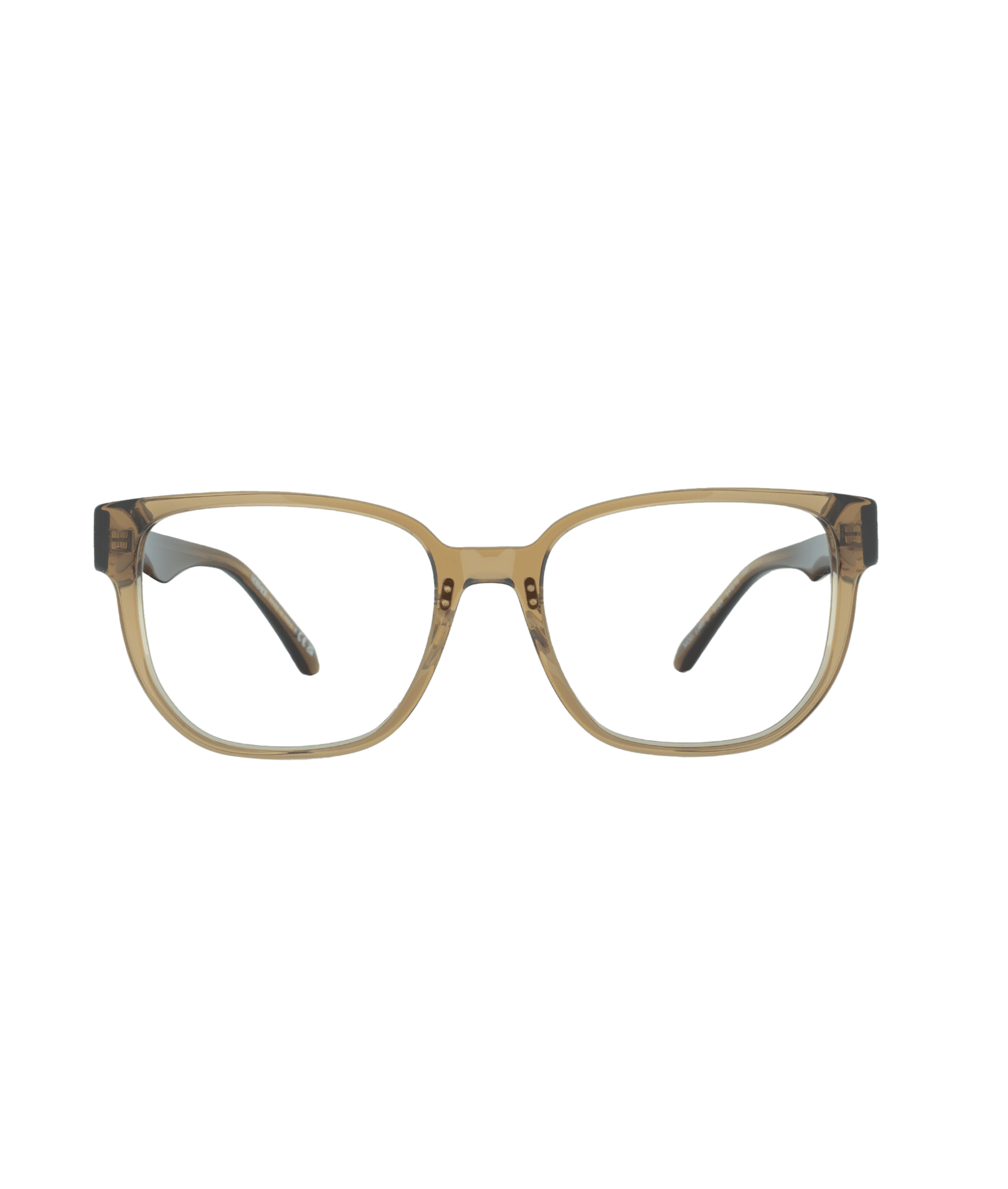 A pair of rectangular eyeglasses with light brown translucent frames and black temple tips, displayed on a plain white background.