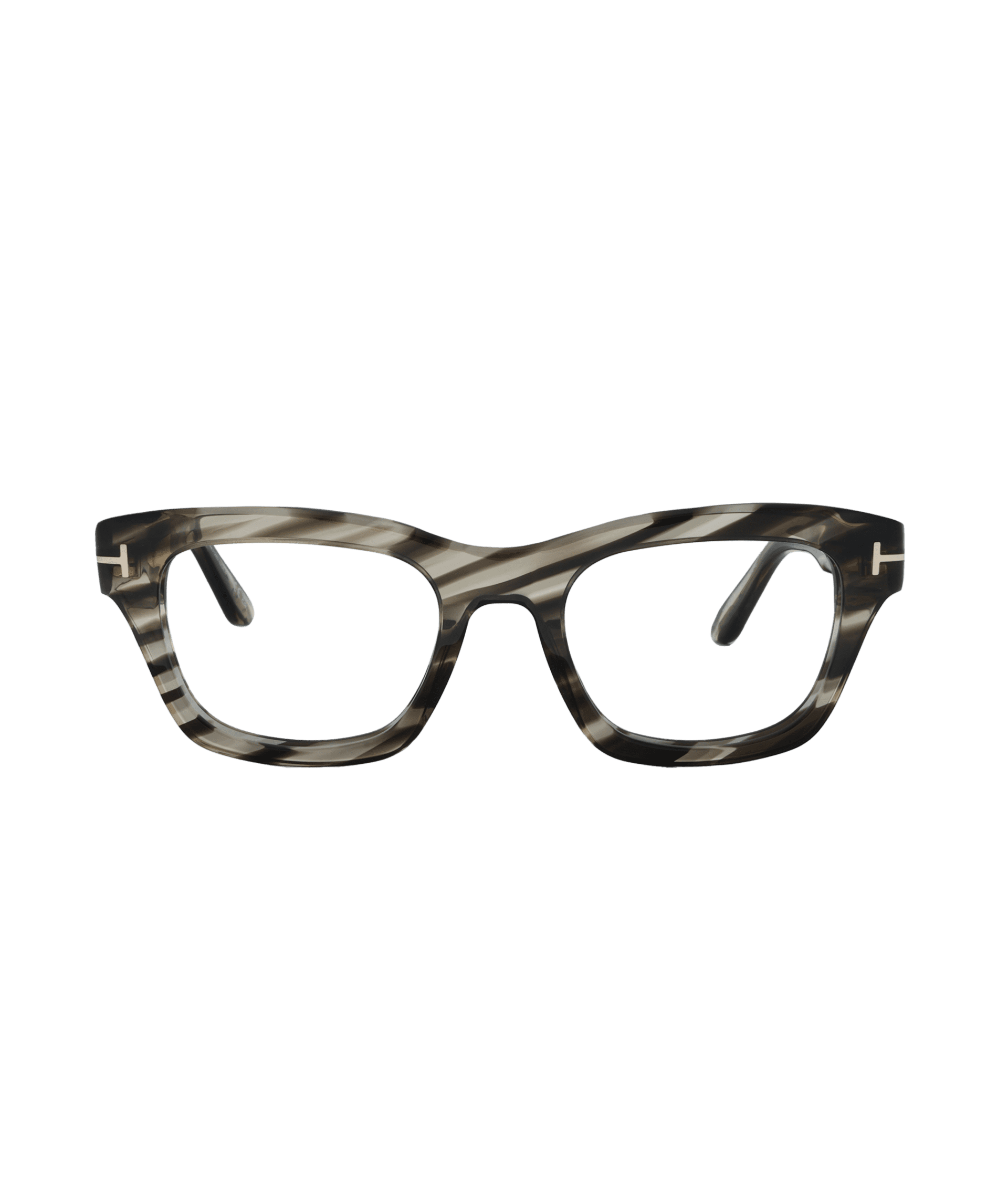Eyeglasses with thick, rectangular frames in a gray and black striped pattern, featuring subtle metallic accents at the temples, set against a plain white background.