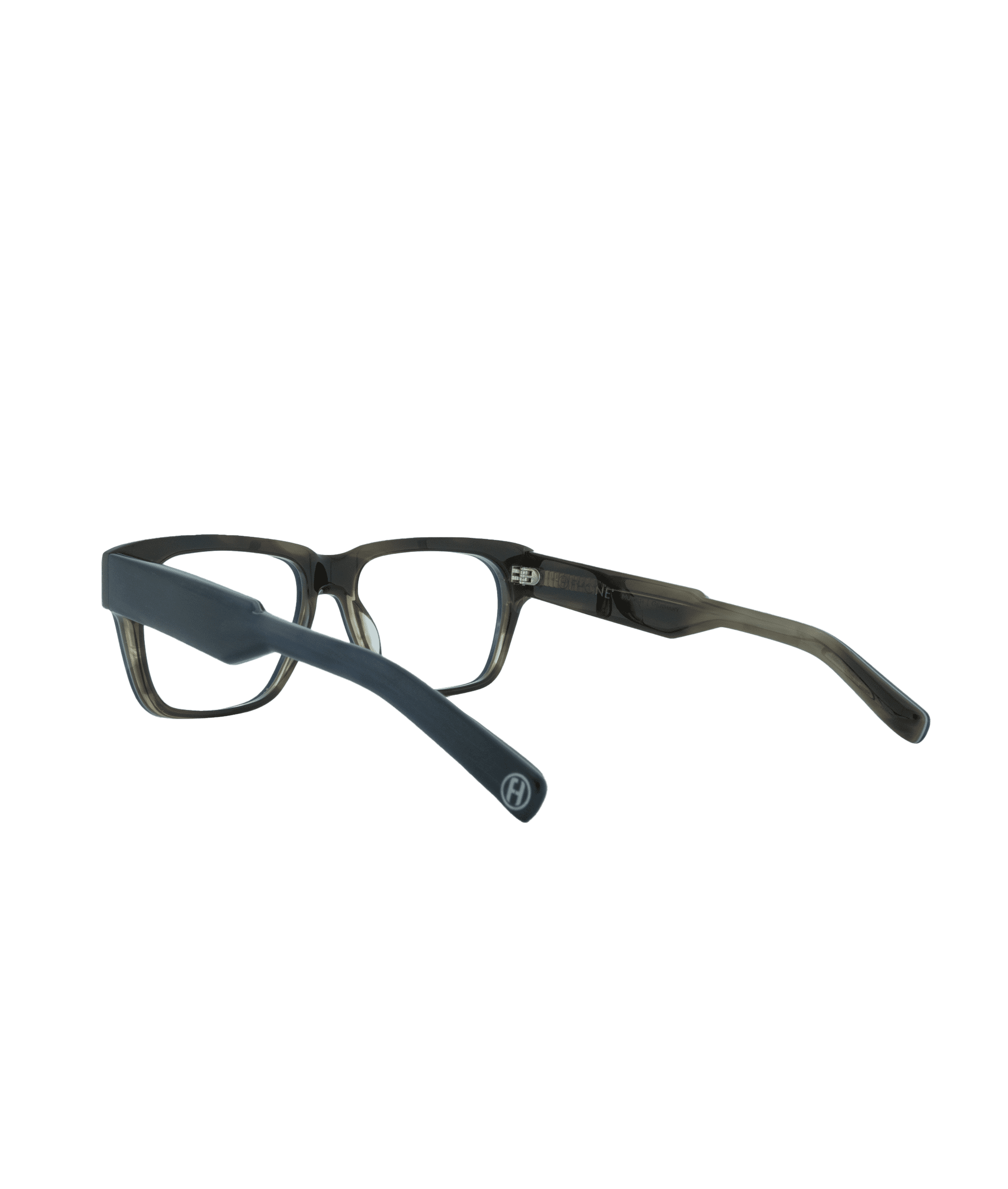 A pair of rectangular eyeglasses with dark, thick frames and uniquely shaped, slightly curved temples, set against a plain white background.