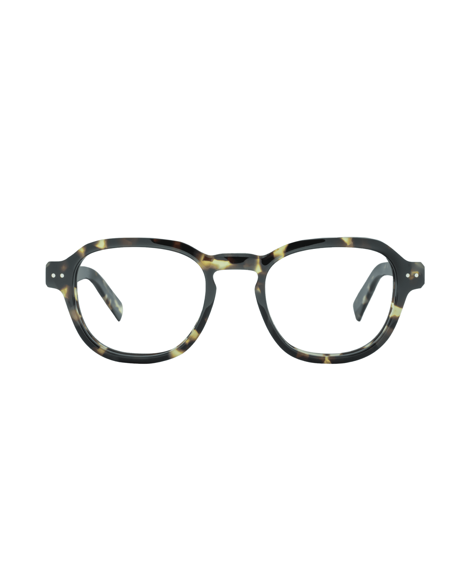 A pair of eyeglasses with round lenses and a tortoiseshell pattern frame, set against a plain white background.