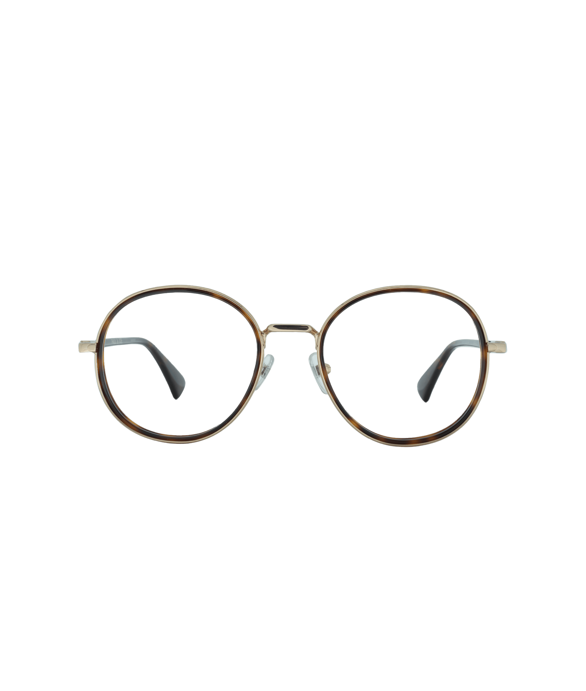 A pair of round eyeglasses with thin, brown frames and black temple tips, displayed against a plain white background.