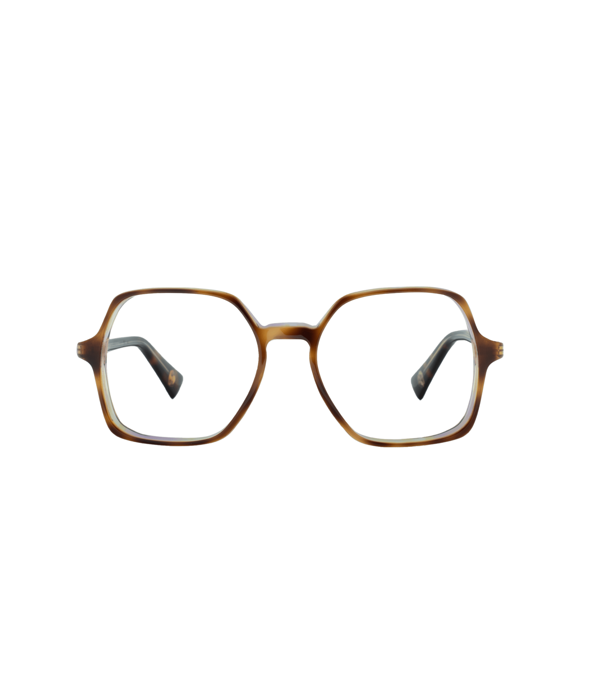 A pair of eyeglasses with geometric, hexagonal-shaped brown tortoiseshell frames and thin arms, shown on a plain white background.