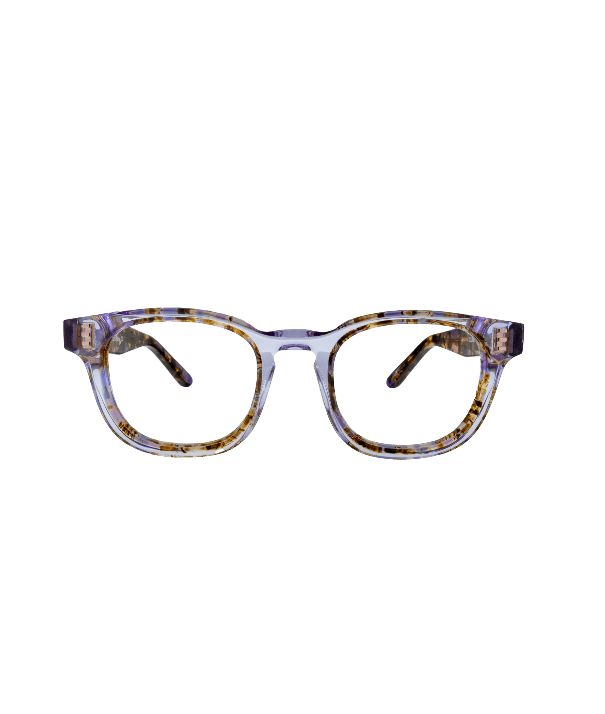 A pair of rectangular eyeglasses with translucent, multicolored frames featuring a mix of purple, yellow, and brown tones, shown against a plain white background.
