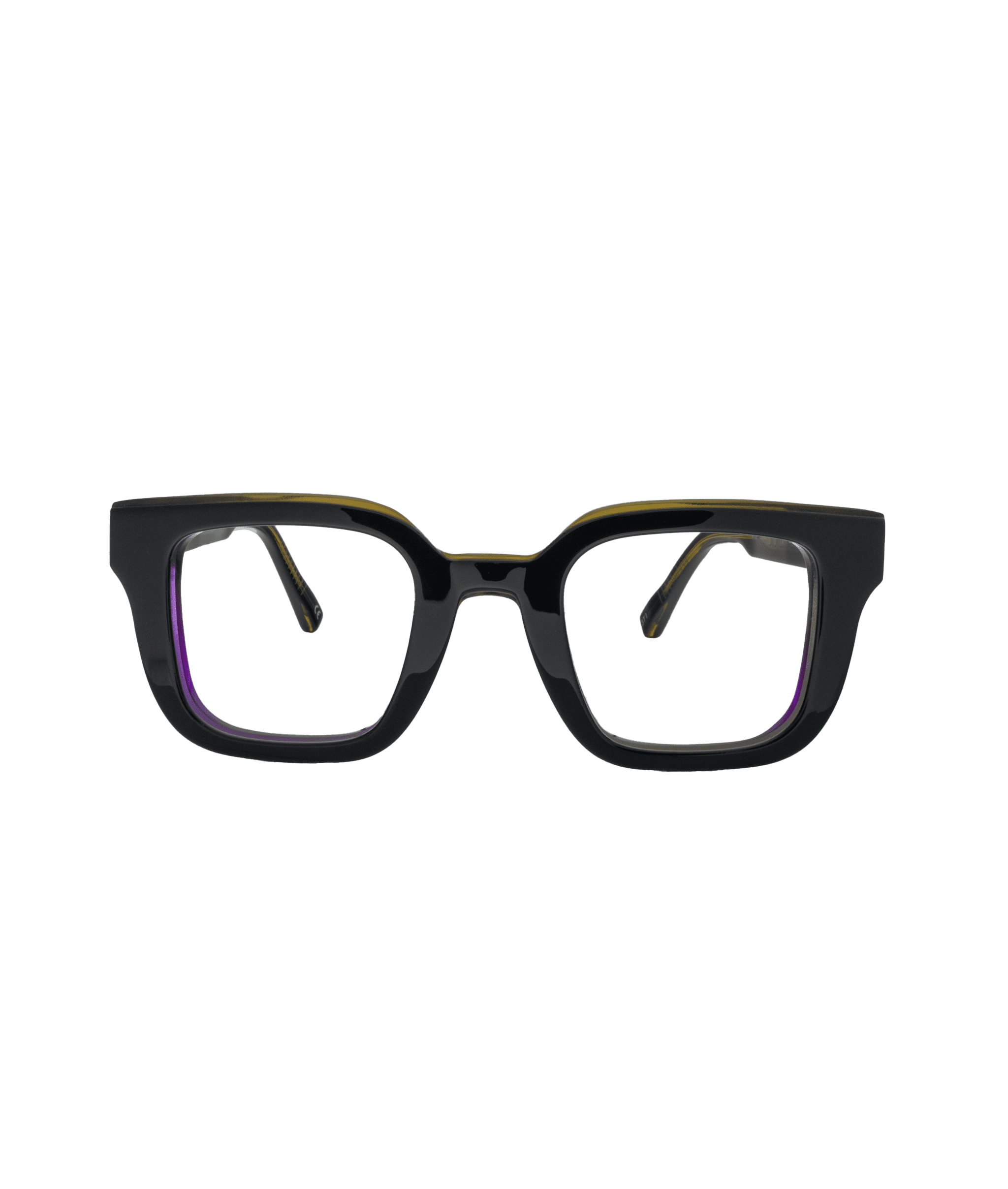 Rectangular black eyeglass frames with thick rims, viewed from the front against a plain white background.