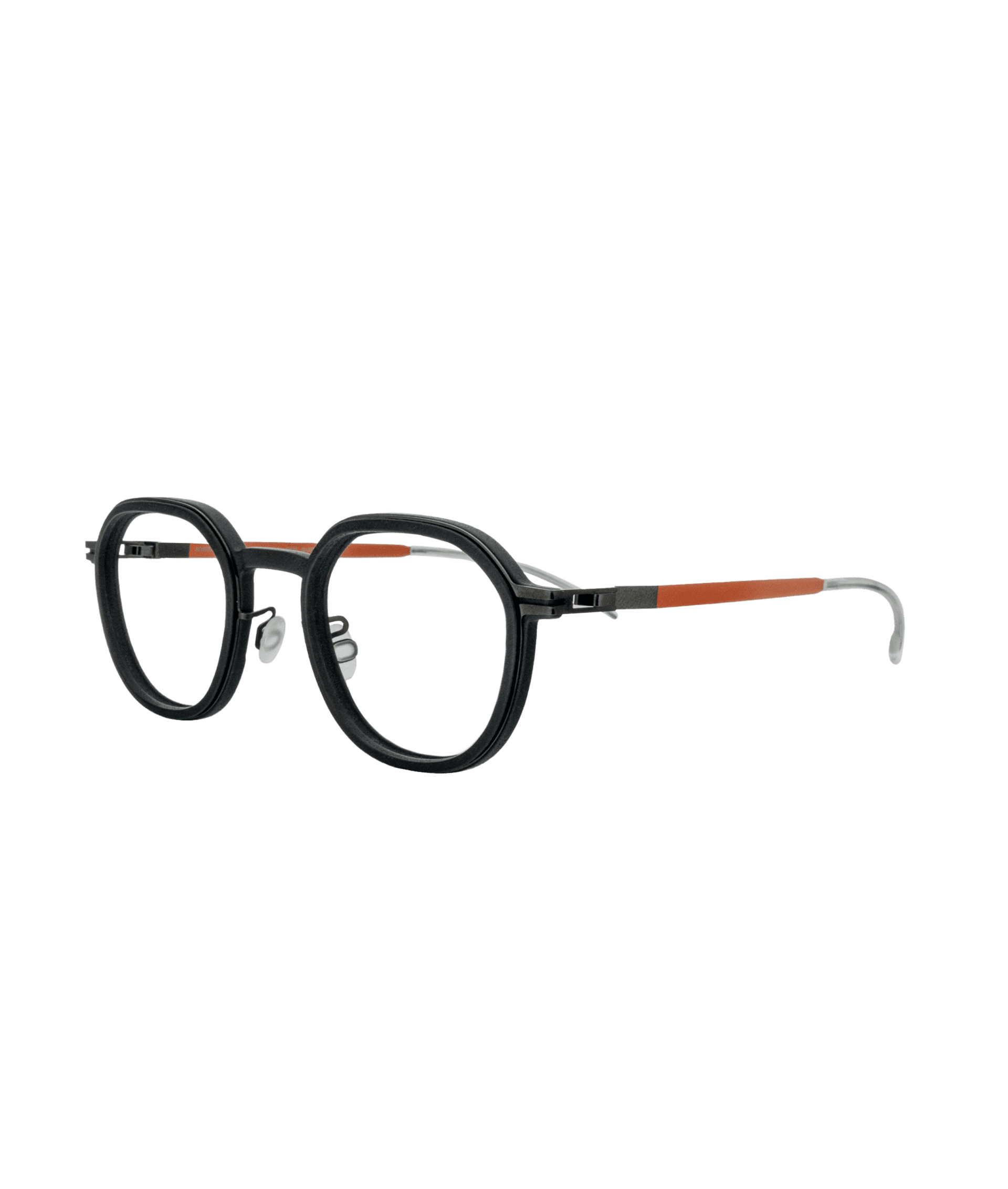An excellent choice for those seeking comfort, quality, and style: this model from Mykita’s Mylon series combines innovation with design. A black round frame 3D-printed in polyamide powder, paired with surgical steel temples accented with a pop of orange, creating a look that is both modern and bold. Comfort and originality come together in a truly unique piece.