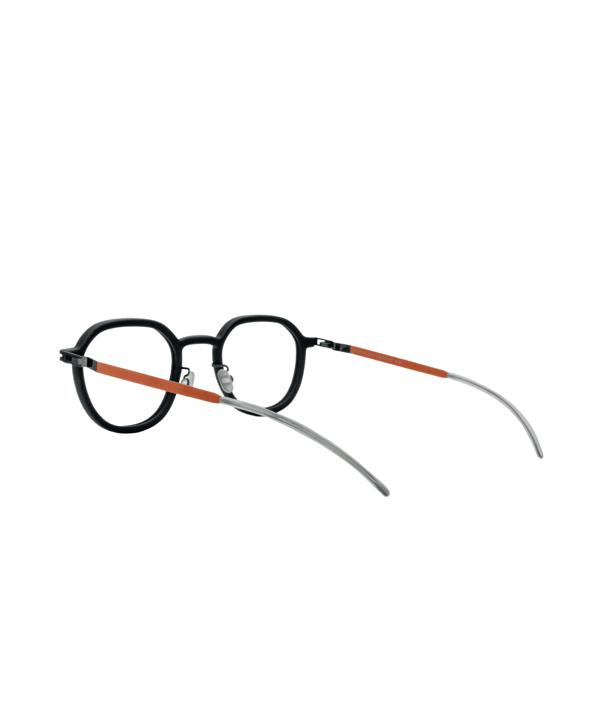 A pair of round black eyeglasses with orange temples and slim, curved silver ear pieces, displayed on a plain white background.
