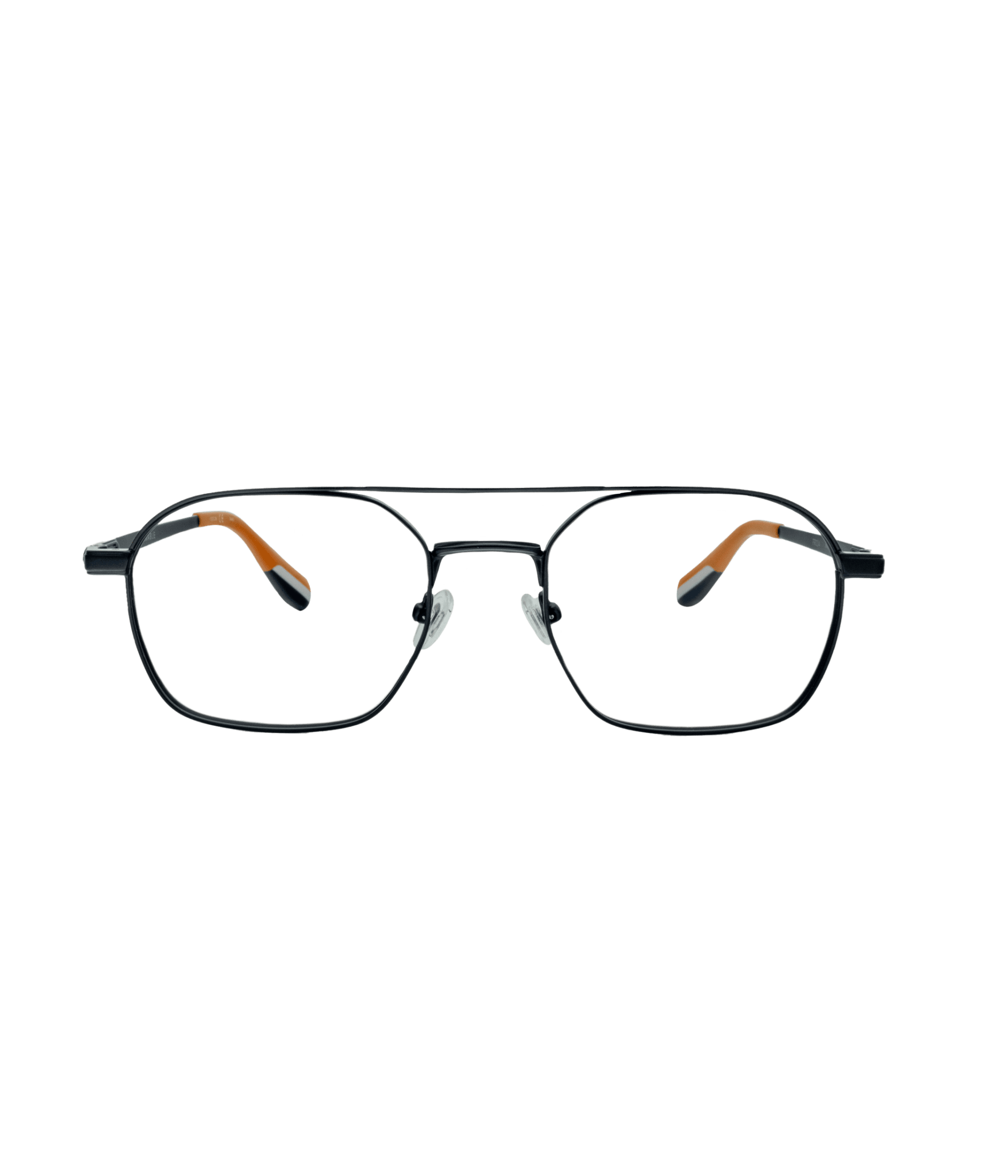 A pair of black metal eyeglasses with a straight top bar, rectangular lenses, clear nose pads, and temple arms that are orange on the inner side with black tips, displayed on a plain white background.