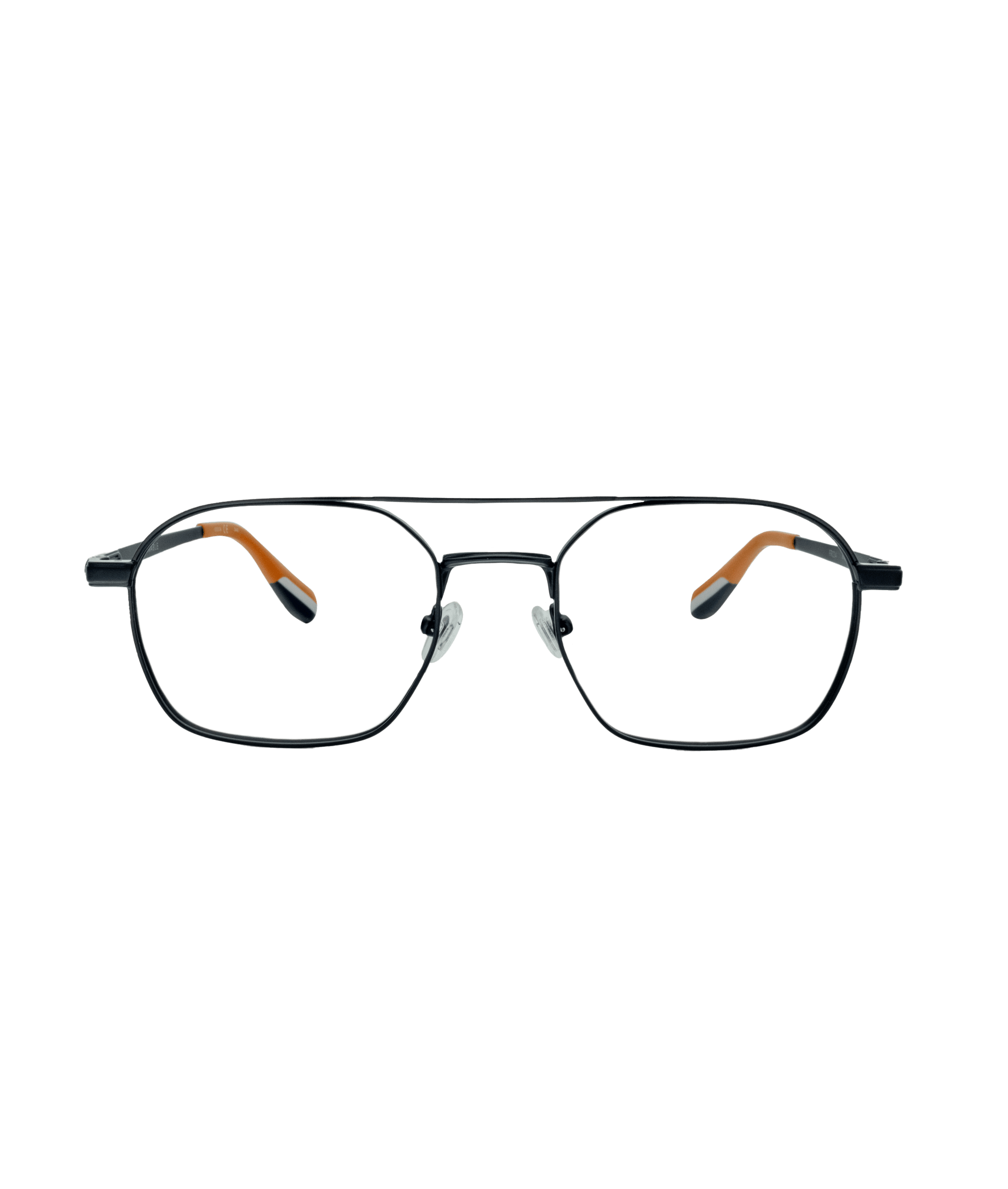 A pair of black metal eyeglasses with a straight top bar, rectangular lenses, clear nose pads, and temple arms that are orange on the inner side with black tips, displayed on a plain white background.