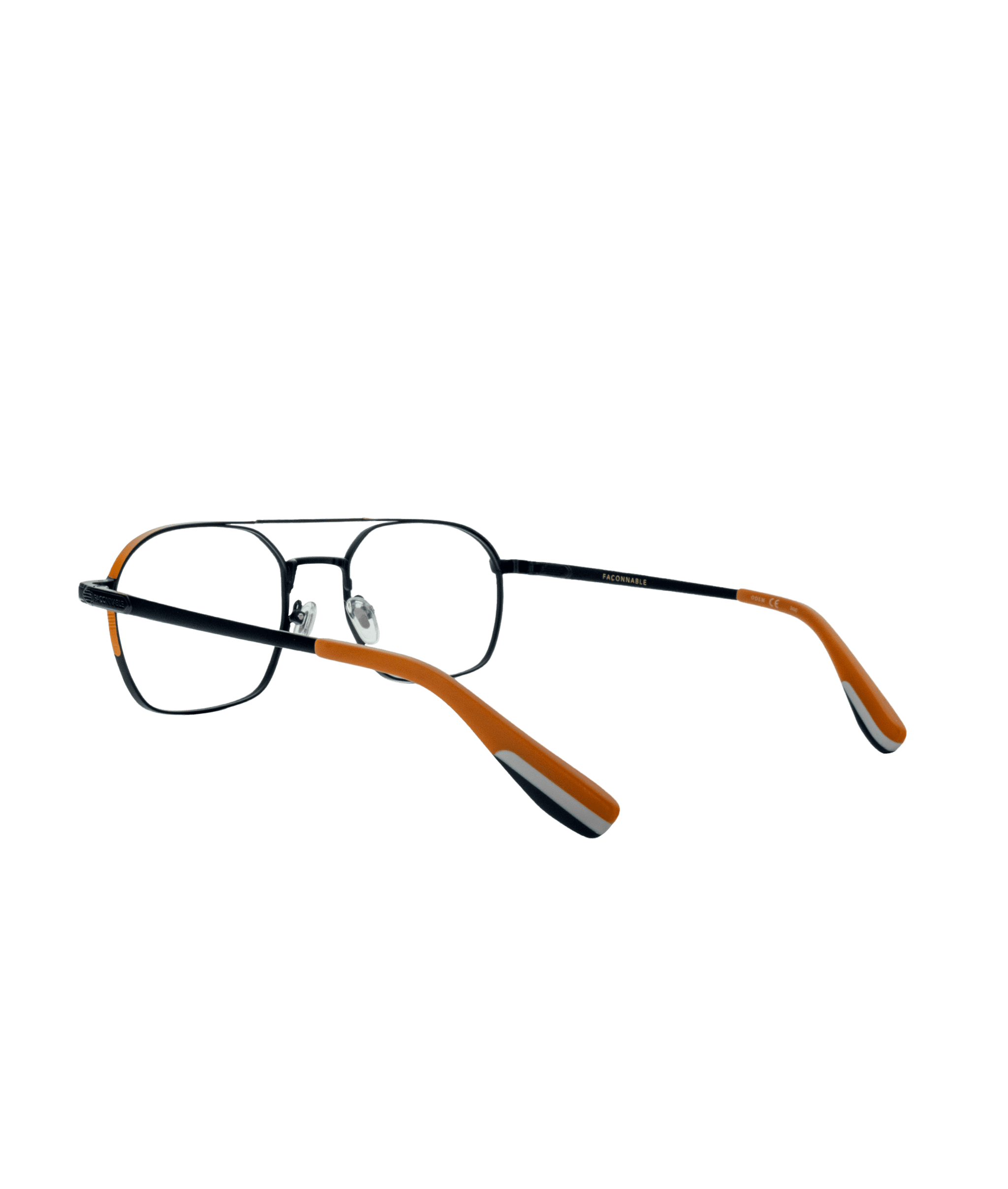 A pair of rectangular eyeglasses with thin black metal frames and orange and black plastic temple arms, shown on a plain white background.