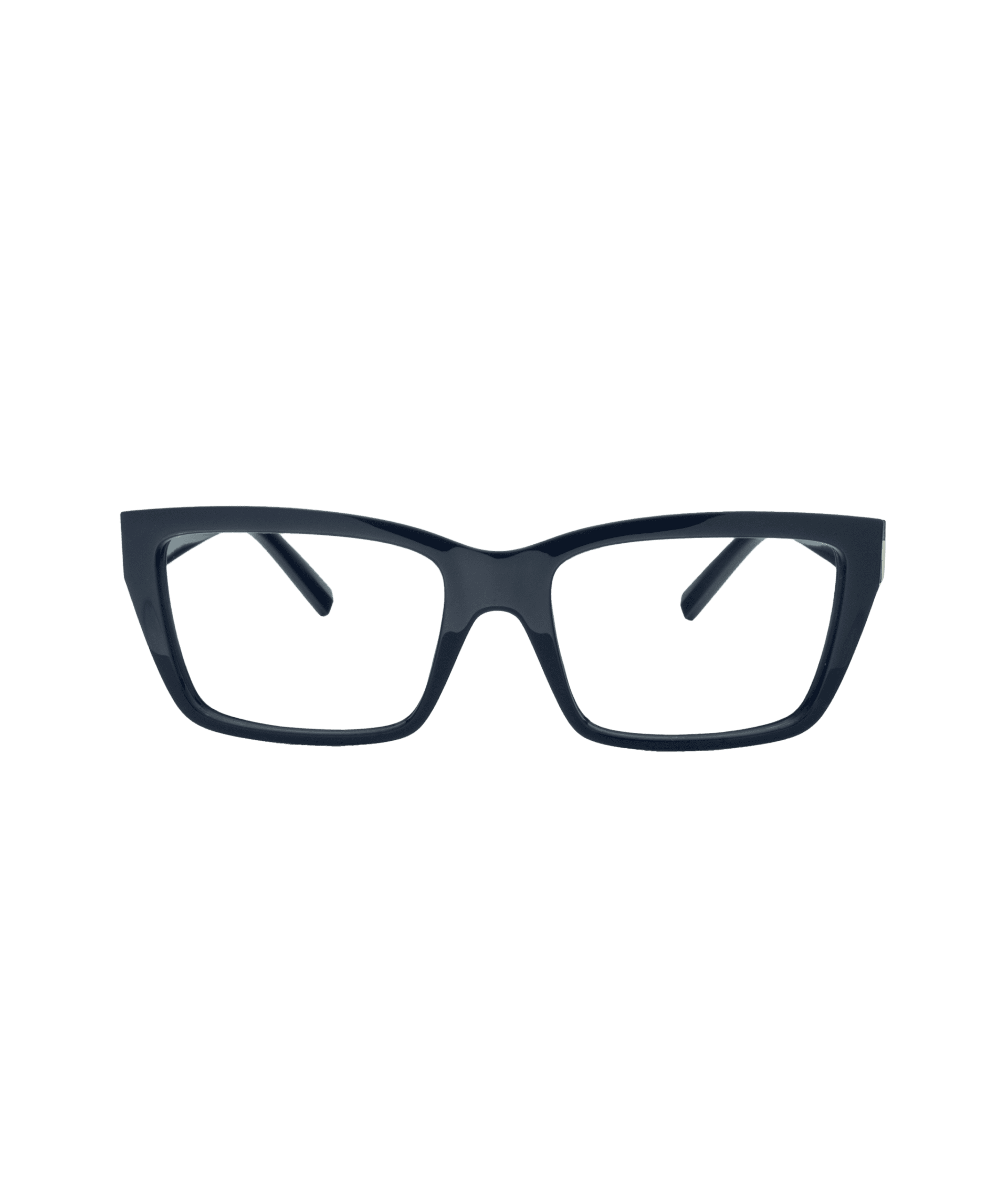 A pair of black rectangular eyeglass frames with slightly thick rims, viewed from the front against a white background.
