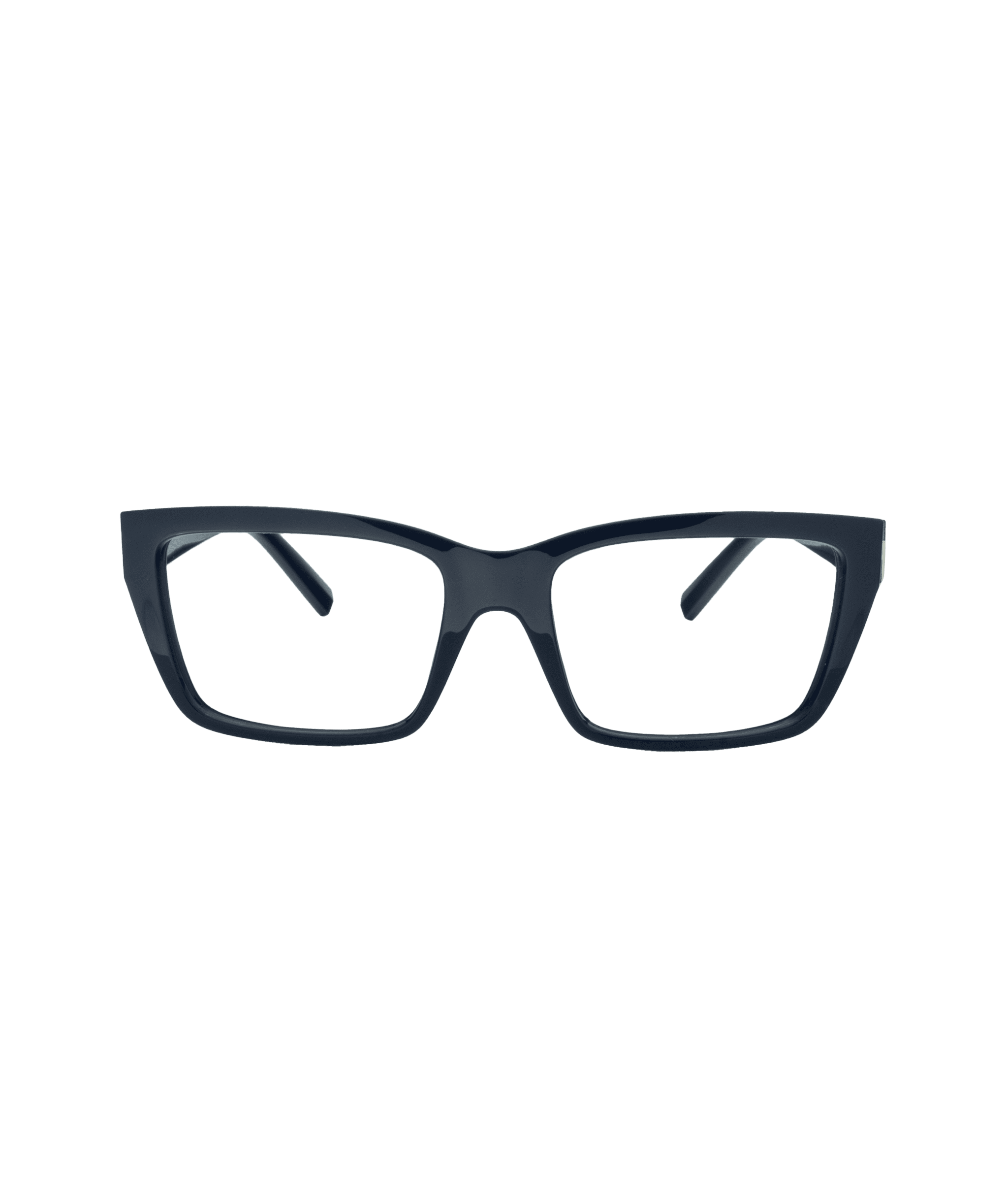 A pair of black rectangular eyeglass frames with slightly thick rims, viewed from the front against a white background.