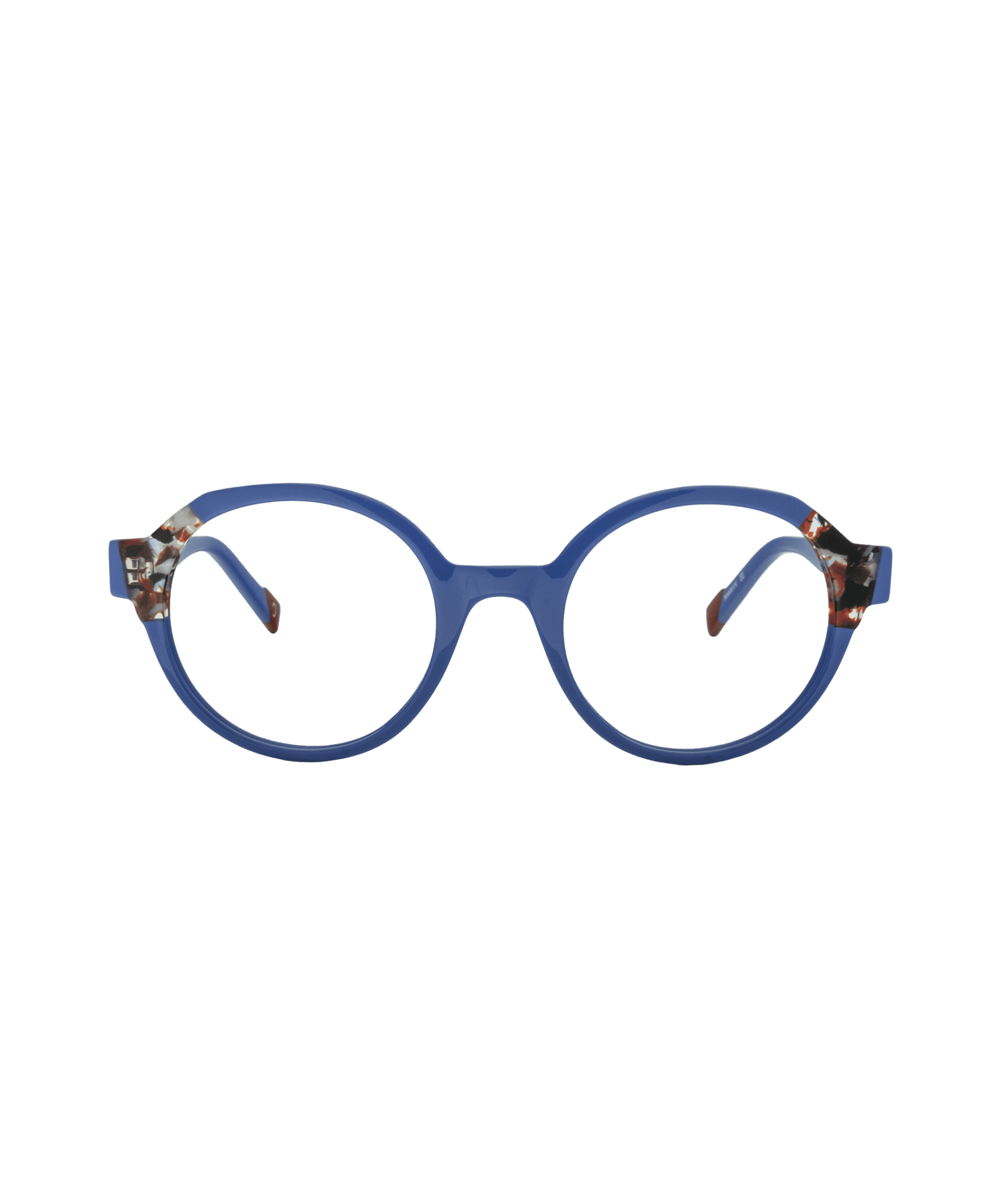 Round eyeglasses with blue frames and multicolored accents at the hinges, shown against a plain white background.