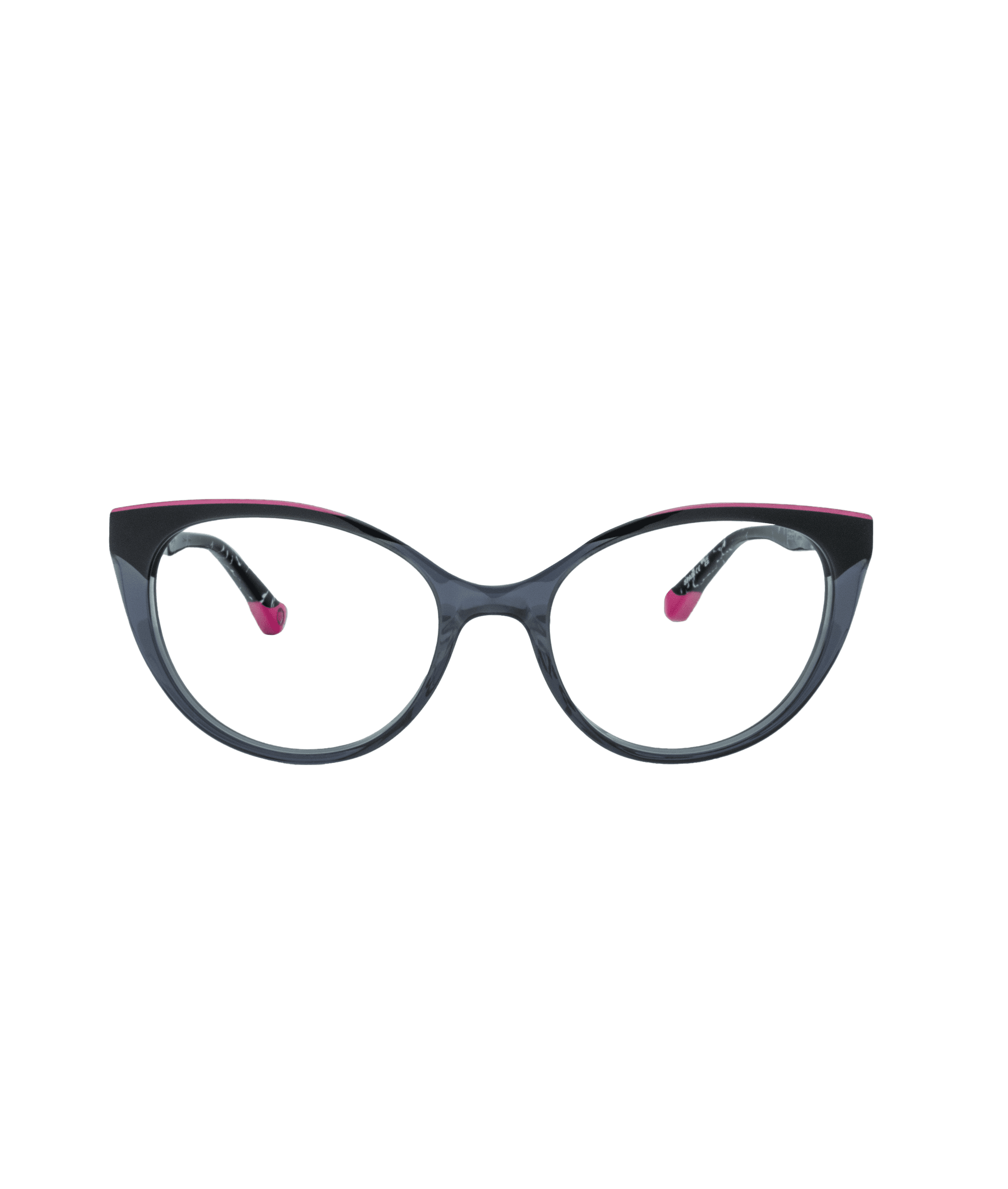 Cat-eye eyeglasses with black frames and subtle pink accents on the inner sides of the temples, displayed on a white background.