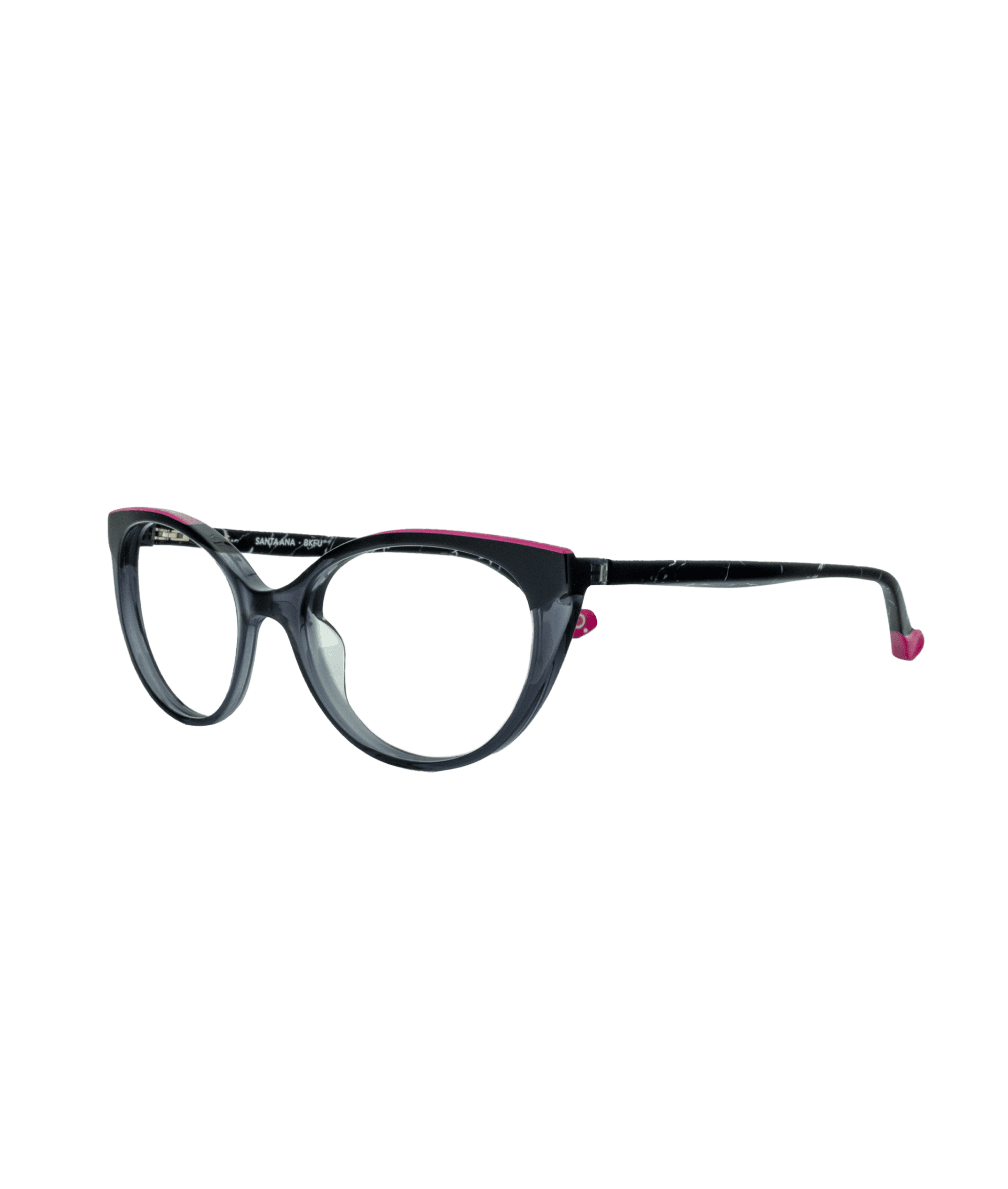 Perfect for smaller faces, this creation features a rounded cat-eye shape that blends elegance with modernity. The main dark gray translucent color is accented with a delicate pink trim along the top and tips, creating a look that is simultaneously subtle, vibrant, and refined.