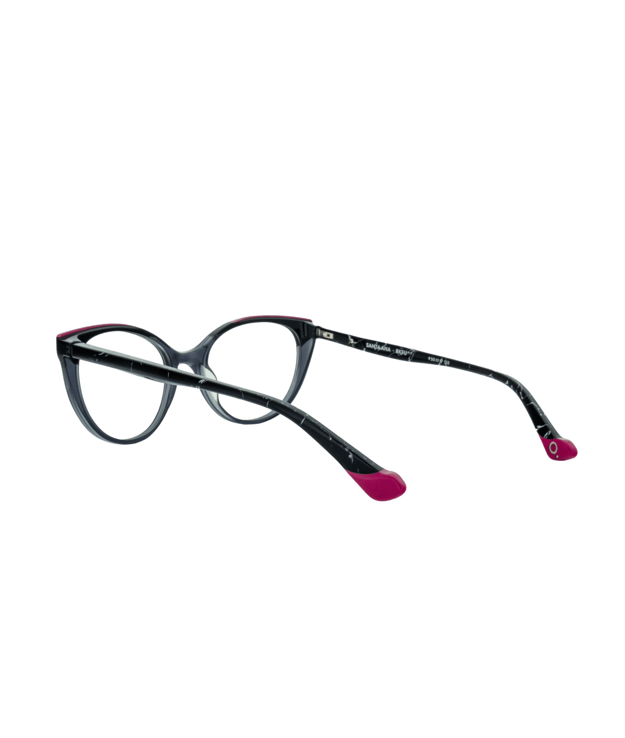 Cat-eye eyeglasses with black frames, pink accents on the top rims, and pink tips on the arms, displayed on a white background.