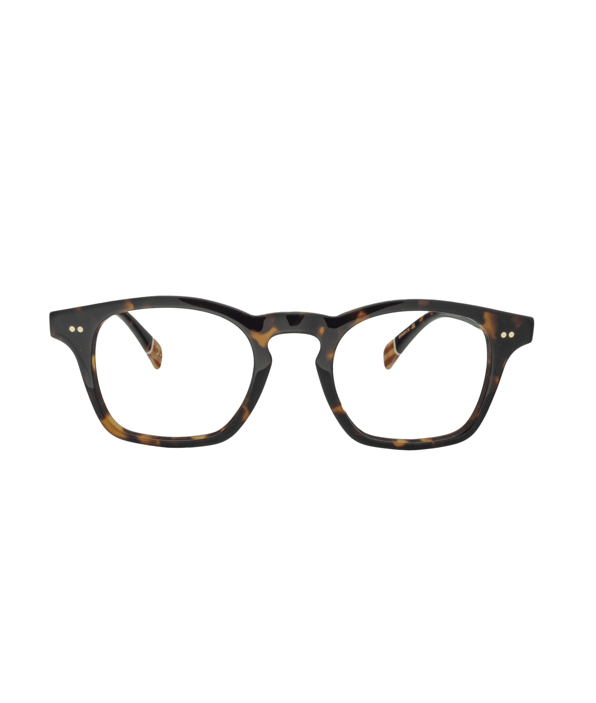 Tortoiseshell-patterned eyeglasses with a rectangular frame, viewed from the front against a plain white background.