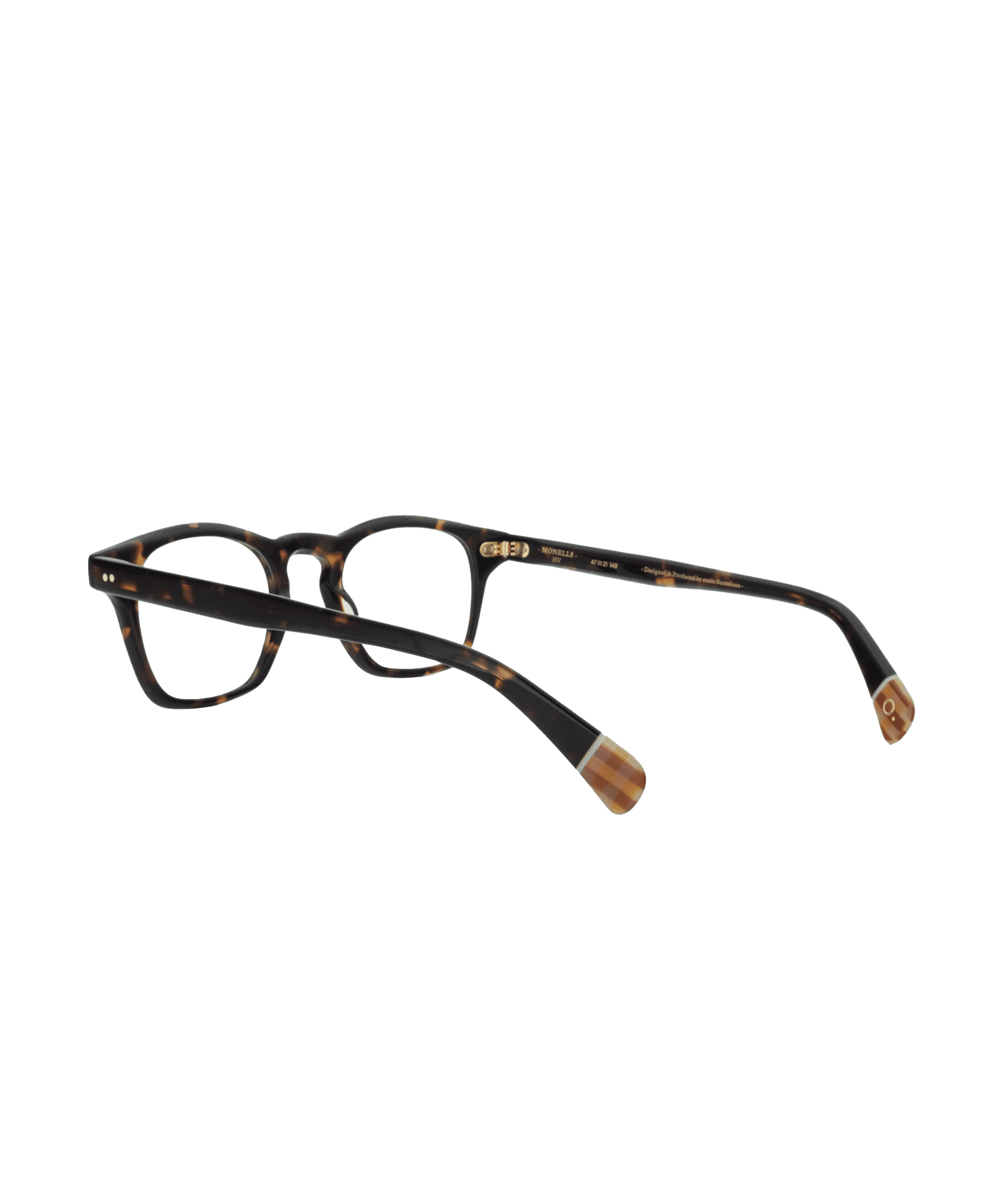 A pair of tortoiseshell-patterned eyeglasses with rectangular lenses, shown on a white background, angled to display the arms and frame details.