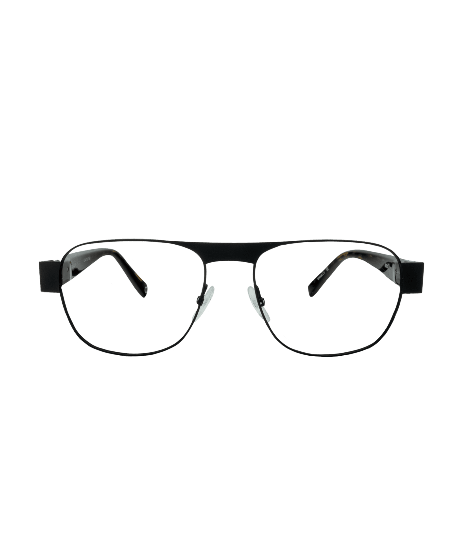 A pair of black, rectangular-framed eyeglasses with thin metal rims and straight temples, shown against a plain white background.