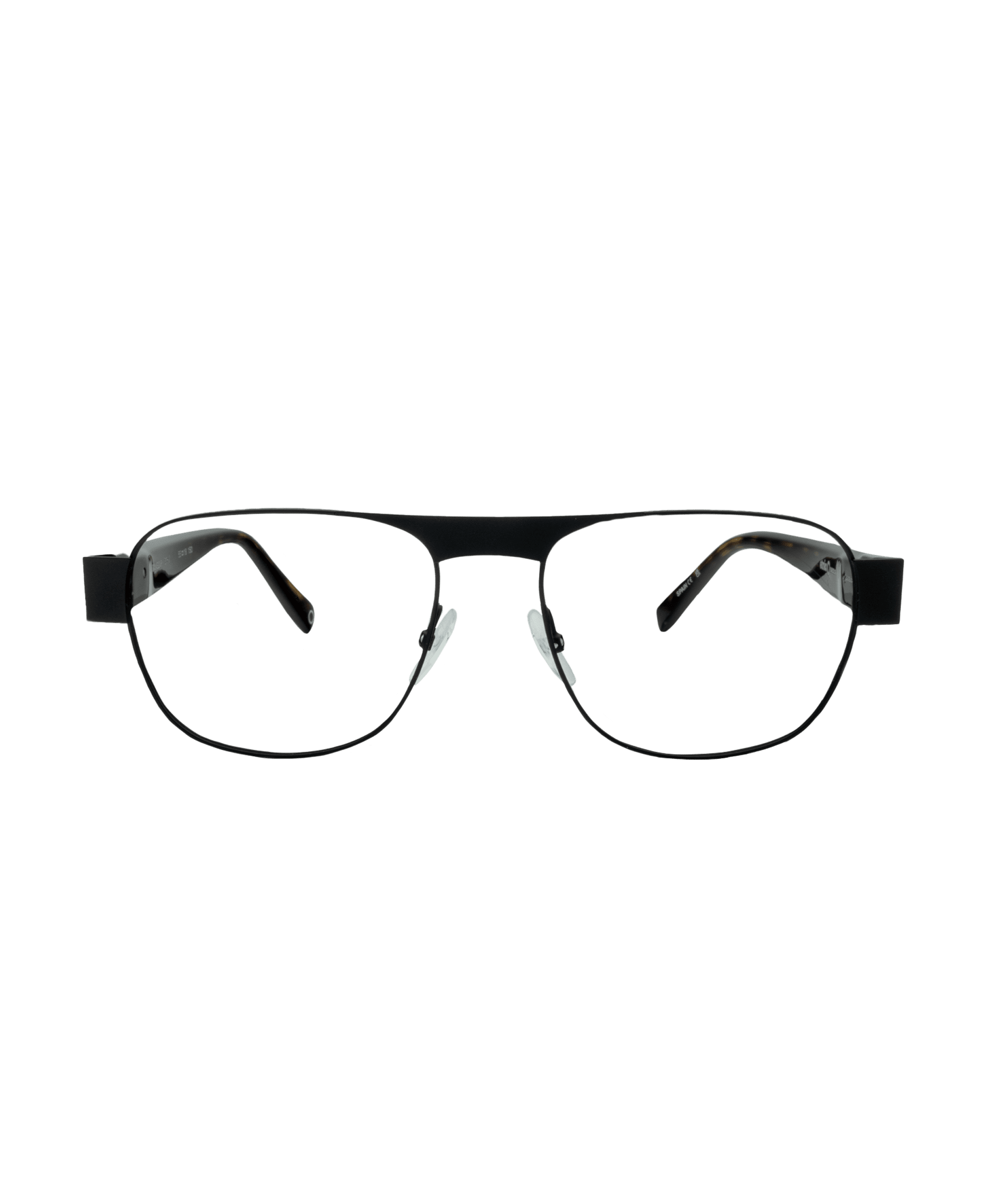 A pair of black, rectangular-framed eyeglasses with thin metal rims and straight temples, shown against a plain white background.