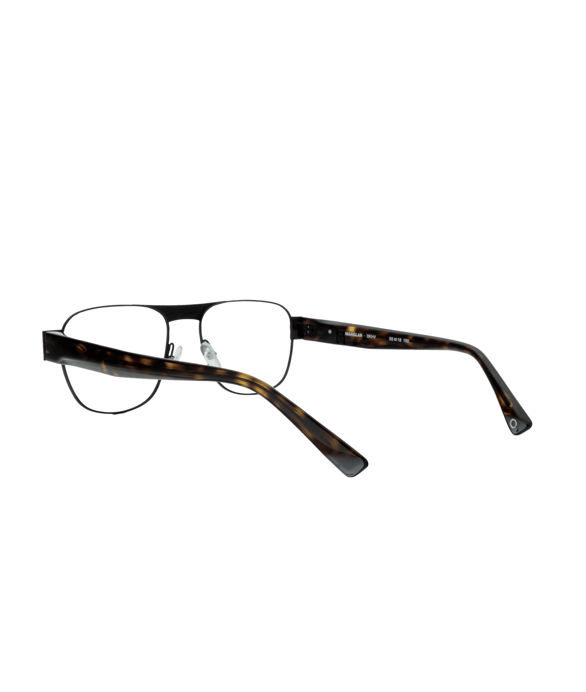 A pair of eyeglasses with thin, black metal frames and tortoiseshell-patterned arms, displayed on a white background.