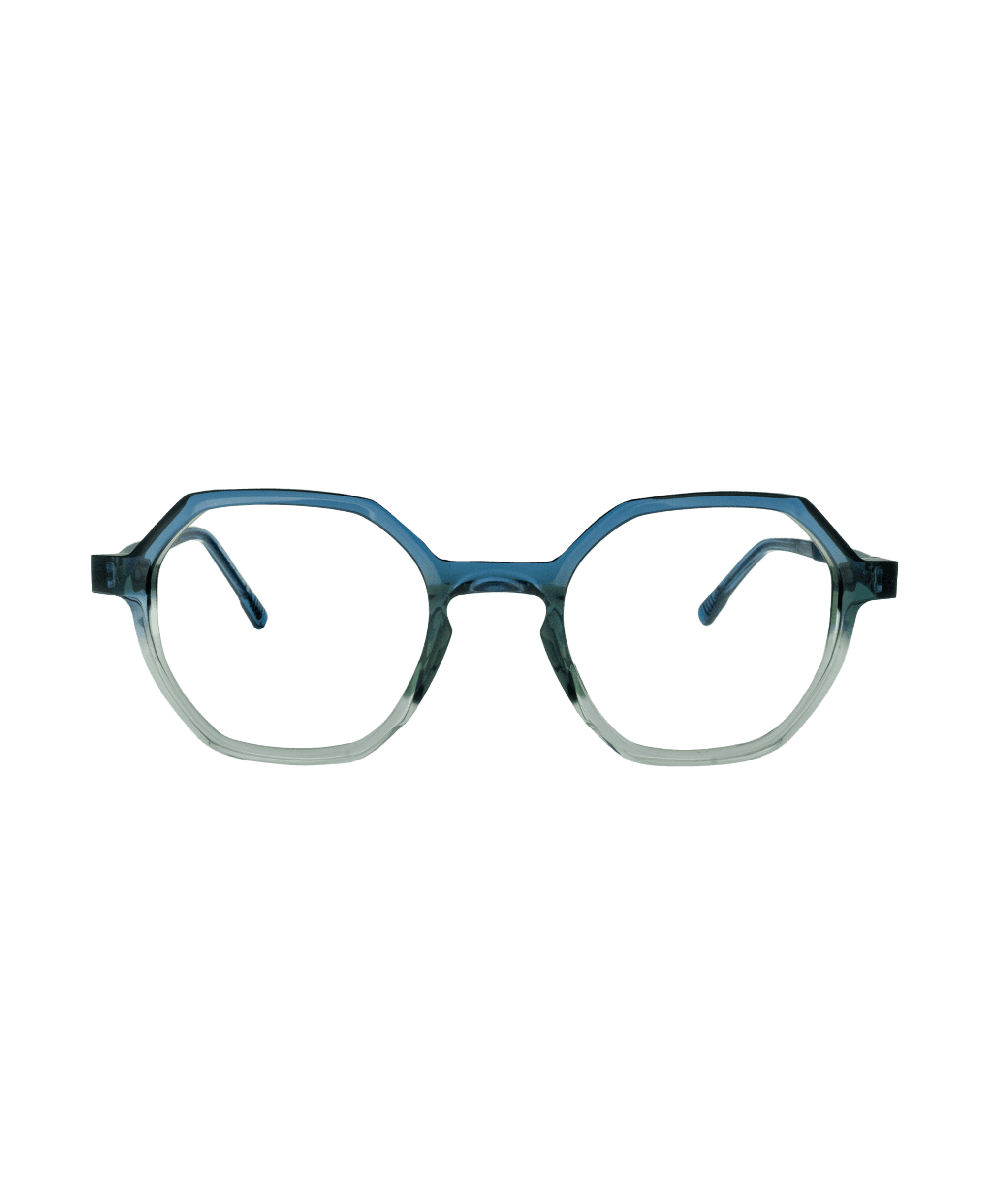 Blue and clear translucent eyeglasses with geometric, rounded hexagonal frames, shown against a plain white background, facing forward.