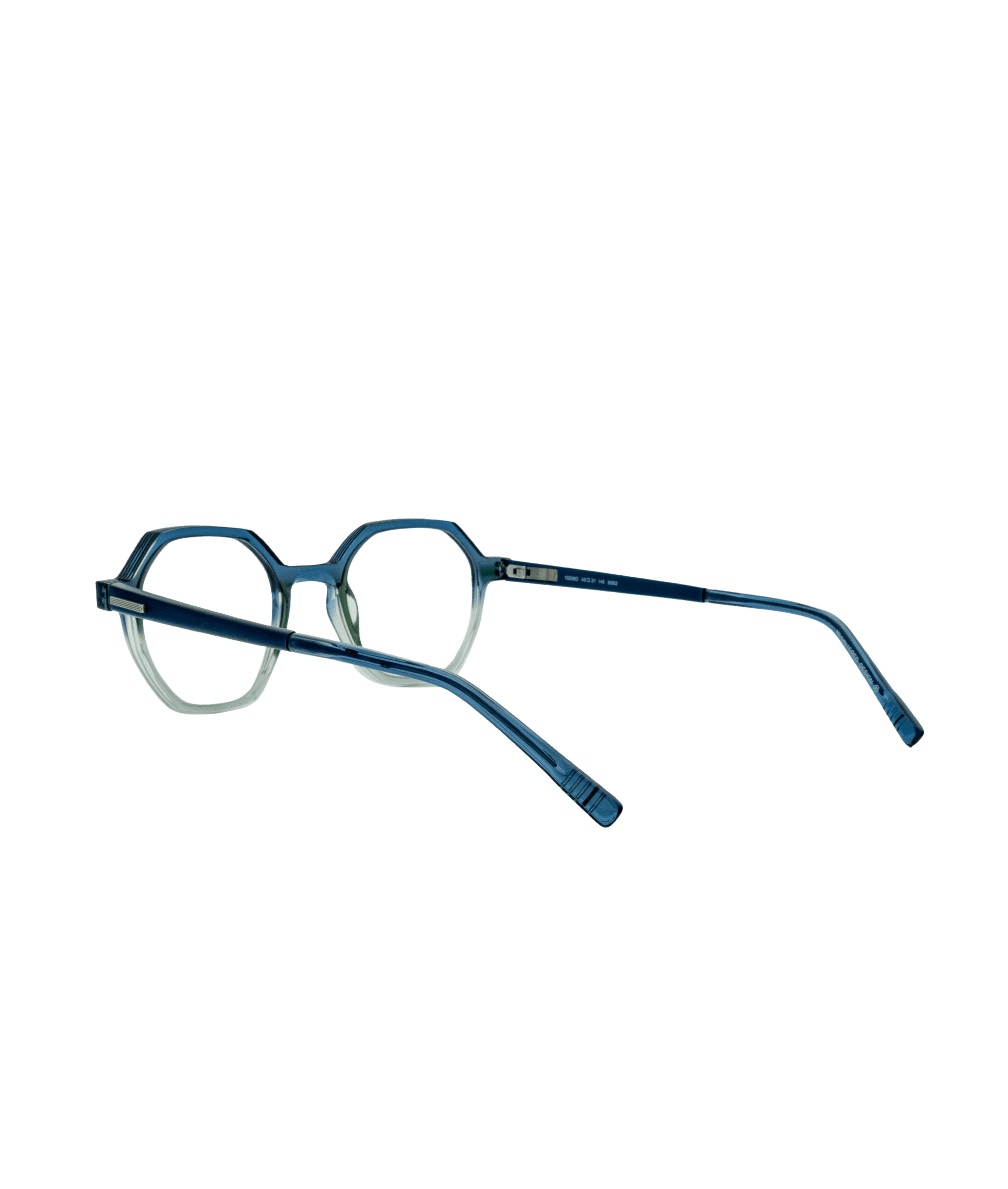 Blue, octagonal eyeglass frames with clear lower rims, viewed from the side on a white background. The glasses have long, slender arms and a modern, geometric design.
