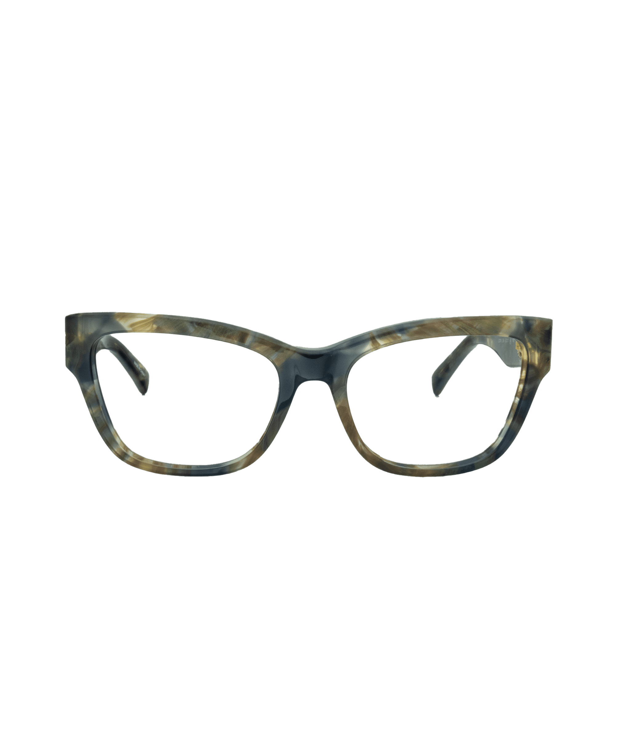 A pair of rectangular eyeglasses with a subtle tortoiseshell pattern in green and brown tones, displayed on a white background.