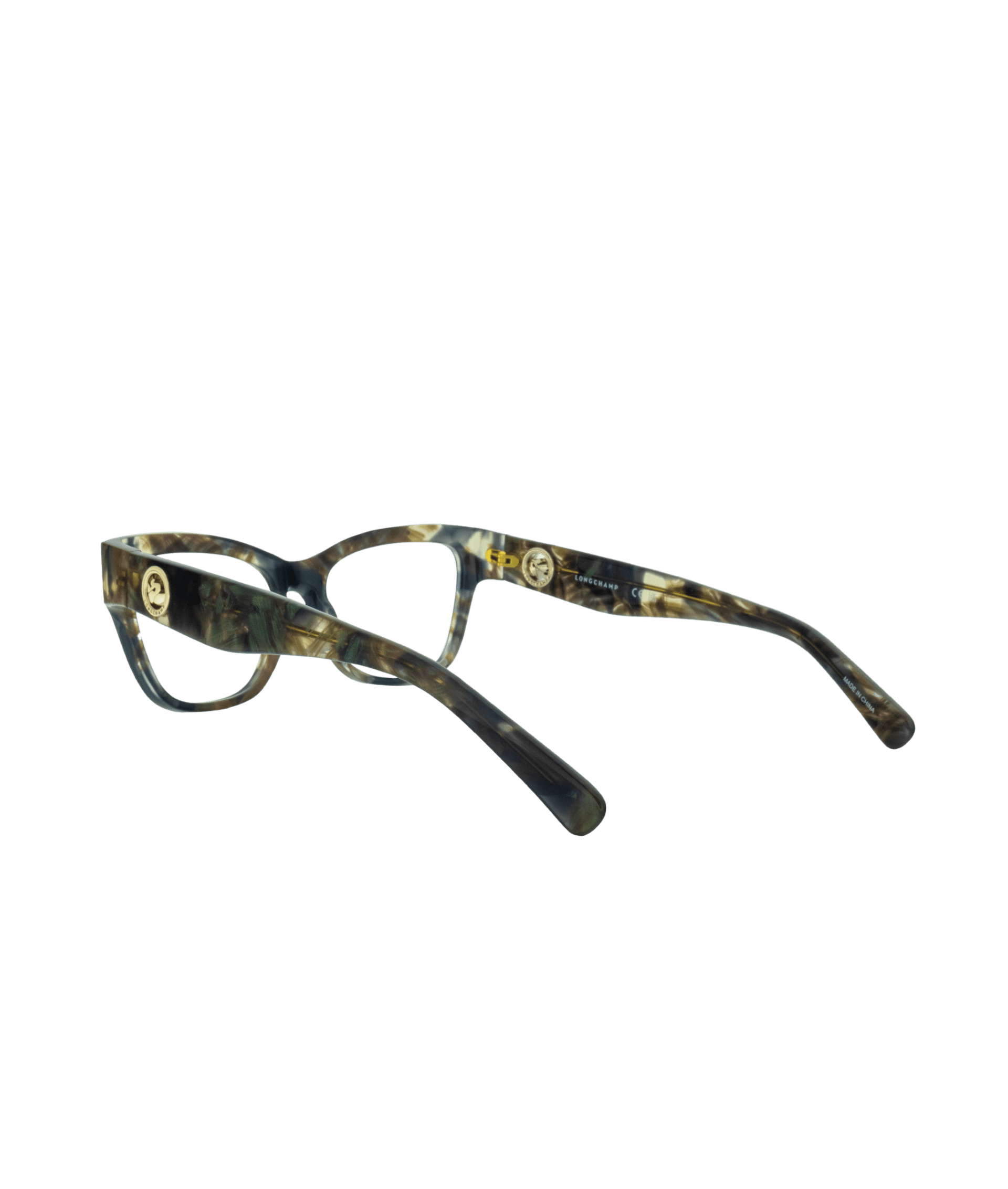 A pair of eyeglasses with a marbled green and brown frame, featuring gold accents and a circular logo on the temple, displayed on a plain white background.