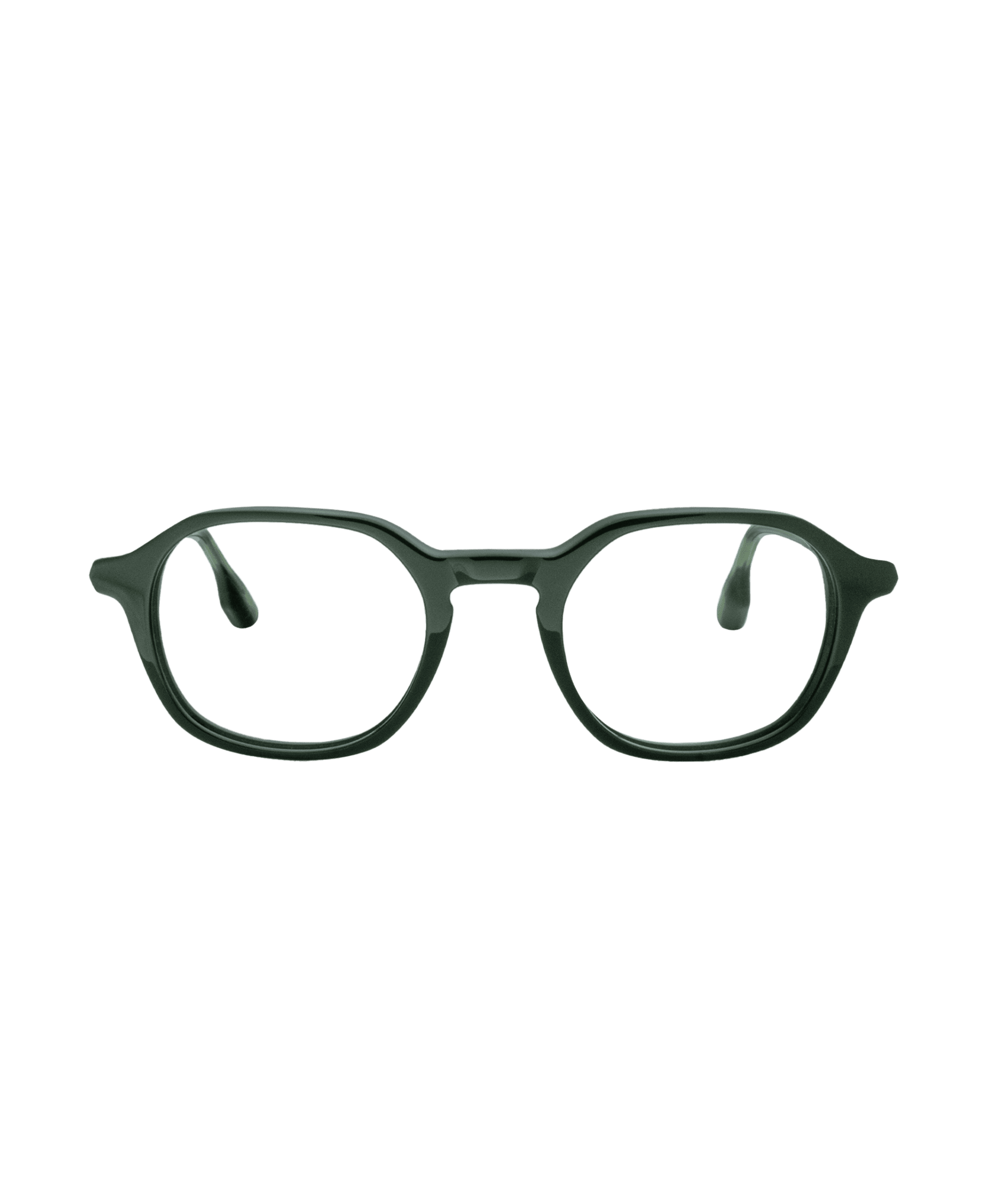 A pair of black, round eyeglasses with thick frames, displayed on a plain white background.