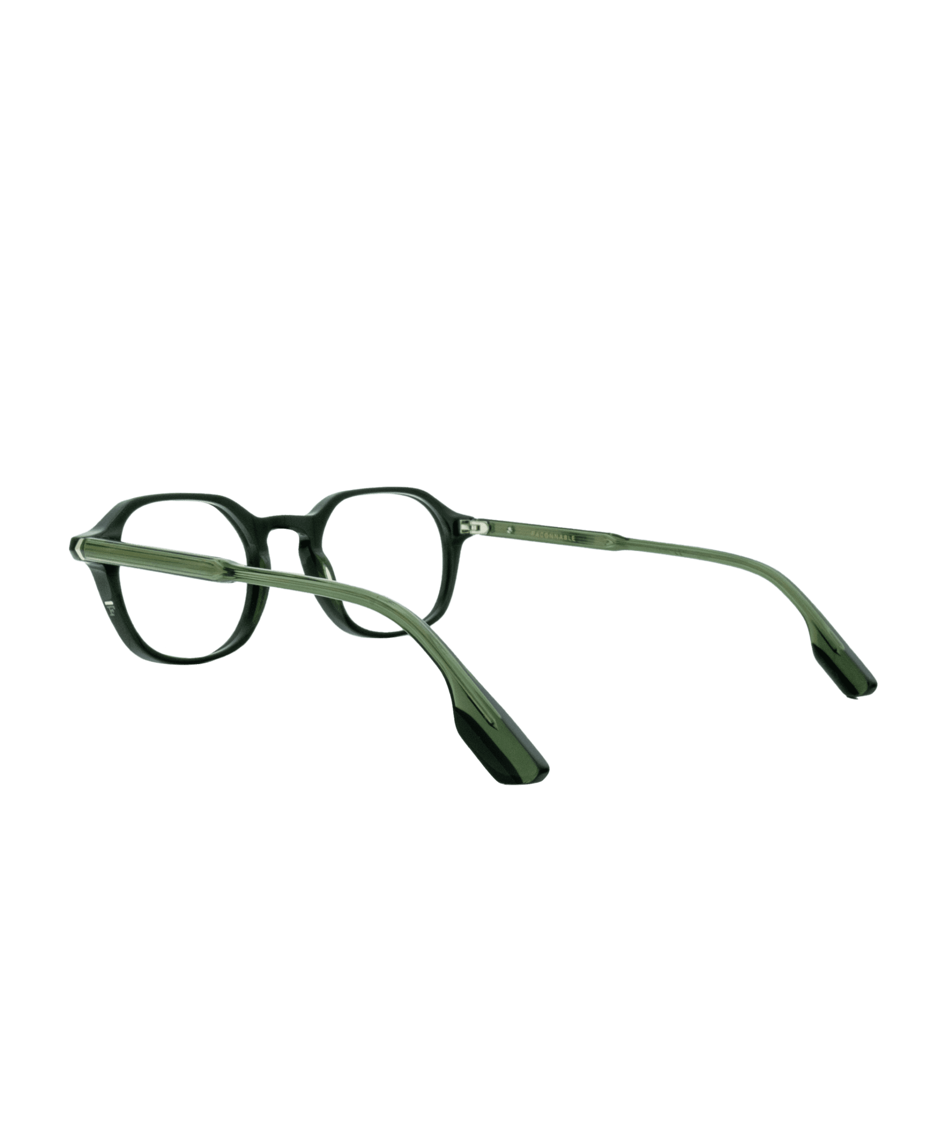 A pair of round, dark green eyeglasses with transparent green arms, shown from the back at an angle on a plain white background.