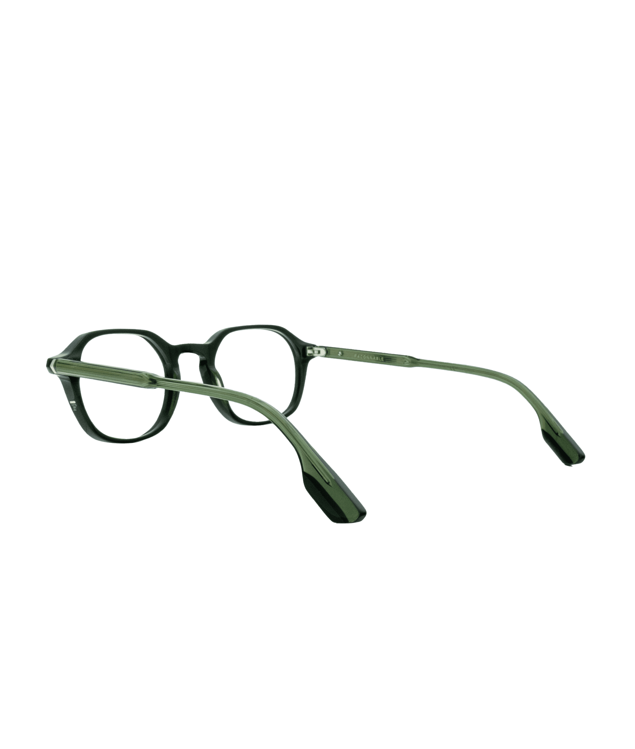 A pair of round, dark green eyeglasses with transparent green arms, shown from the back at an angle on a plain white background.