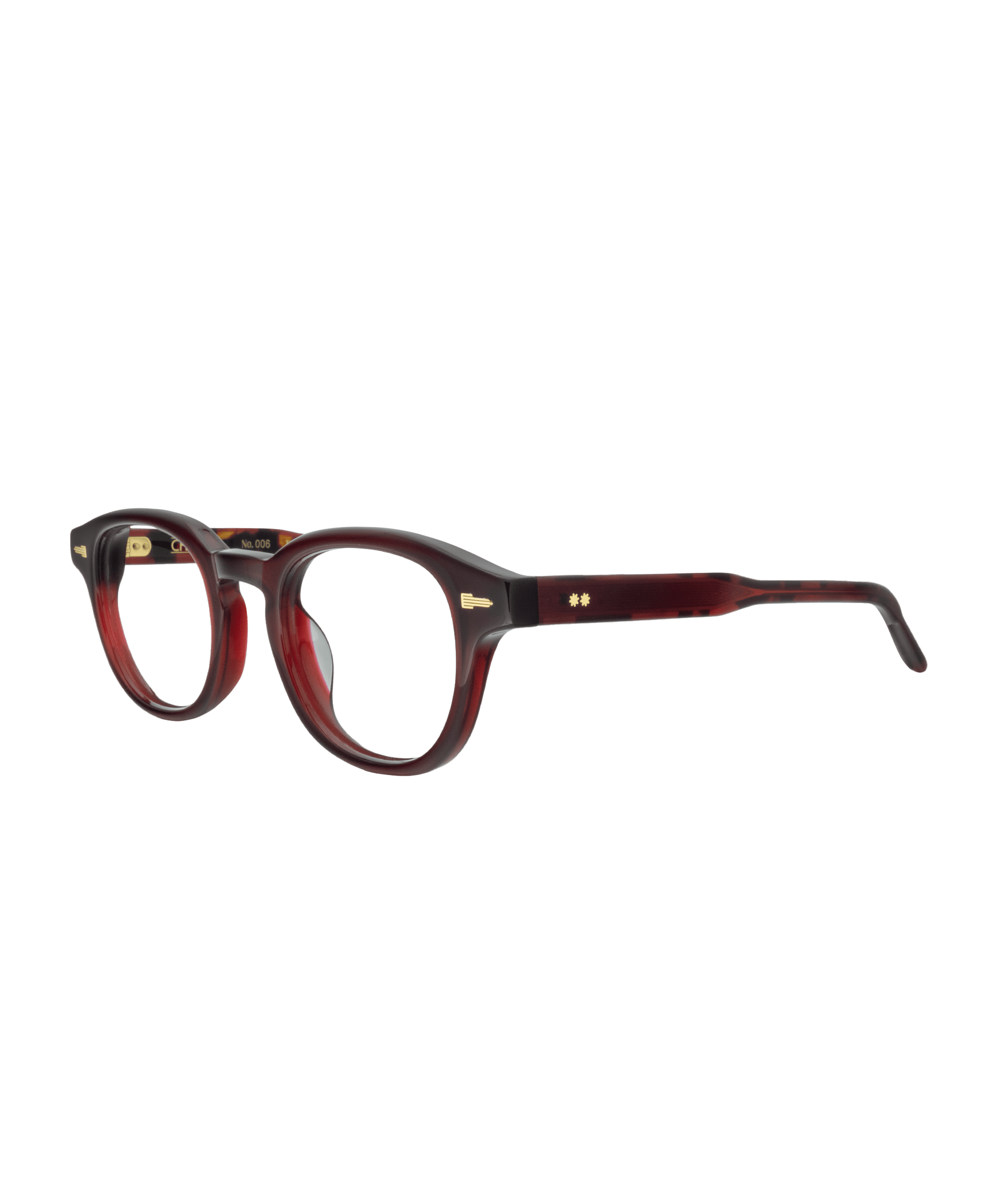 Angled view of a pair of rectangular eyeglasses with thick, dark red and brown tortoiseshell frames, gold accents on the hinges, and clear lenses on a plain white background.