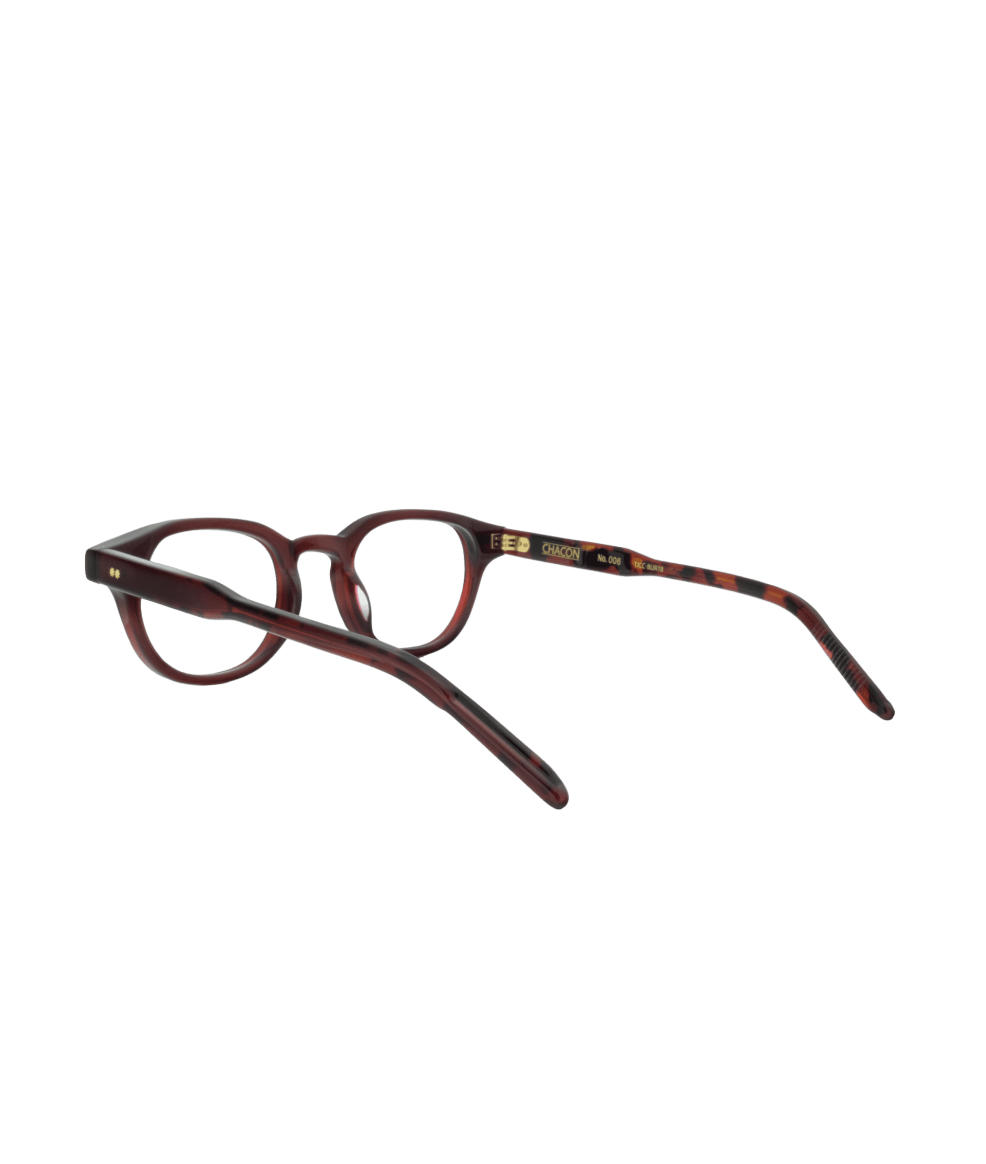 A pair of round, dark red tortoiseshell eyeglasses with slightly curved arms resting on a white background, viewed from a rear angle.