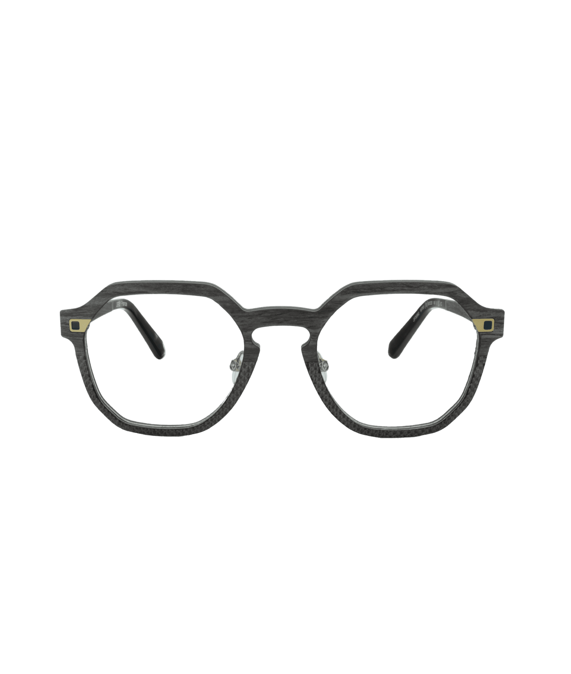 Front view of a pair of eyeglasses with black, geometric-shaped frames and clear lenses, featuring small gold square accents on each side of the front frame.